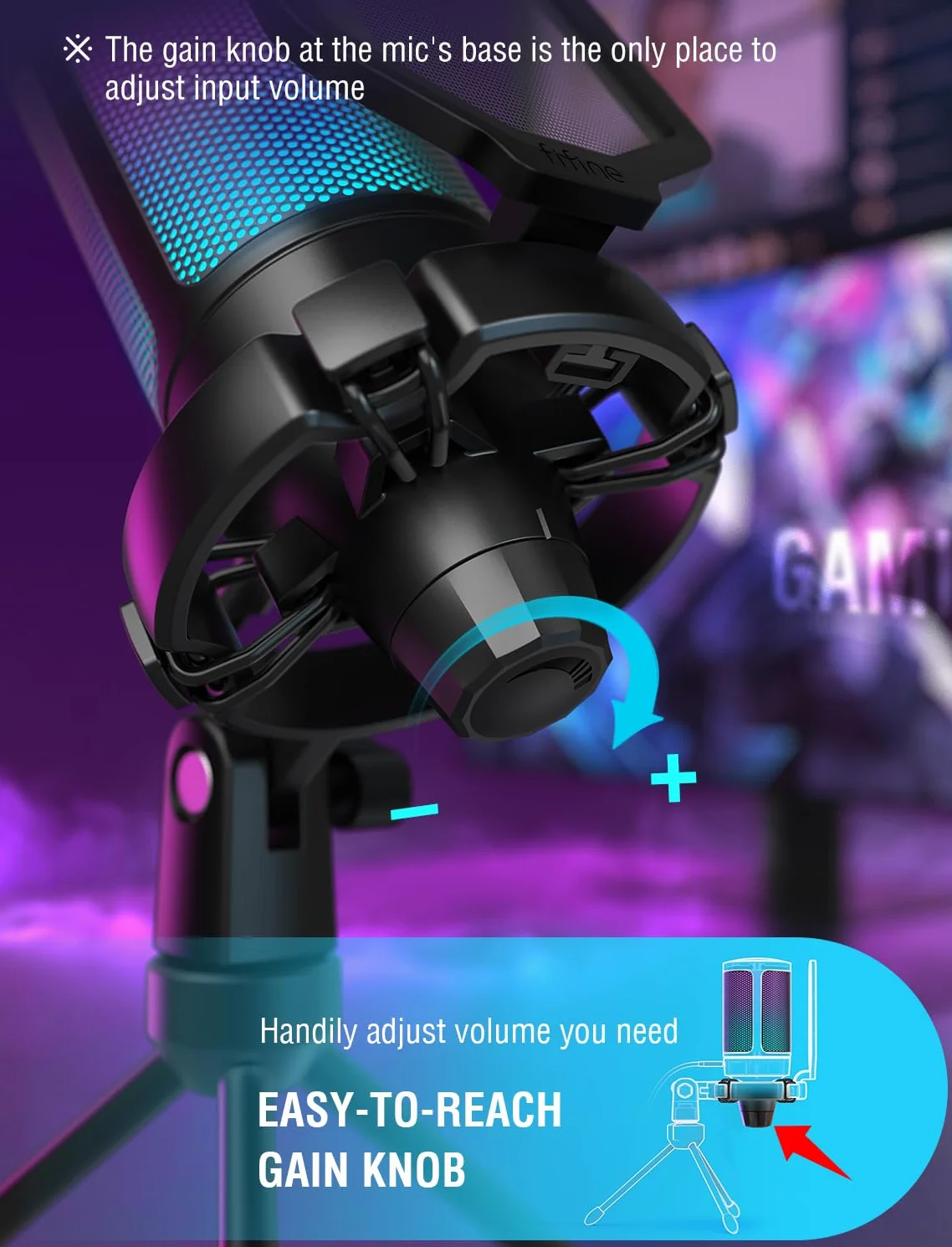 FIFINE PS5 mikrofon pojemnościowy RGB z przyciskiem Tap-to-Mute, odporny na wstrząsy, filtr pop, kontrola wzmocnienia do przesyłania strumieniowego, podcastu, Discord, Twitcha, AmpliGame