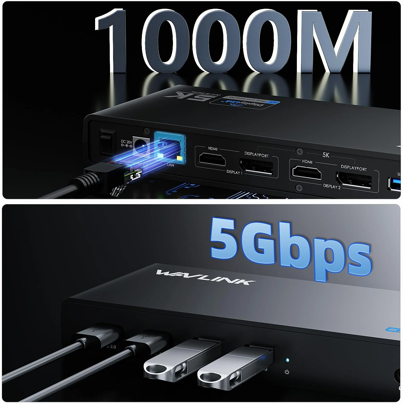 Stacja dokująca DisplayLink, uniwersalna stacja dokująca WAVLINK USB-C z 2 × HDMI i DP, Gigabit Ethernet, 6 × USB 3.0, audio, mikrofon, kompatybilna z Mac OS i Windows
