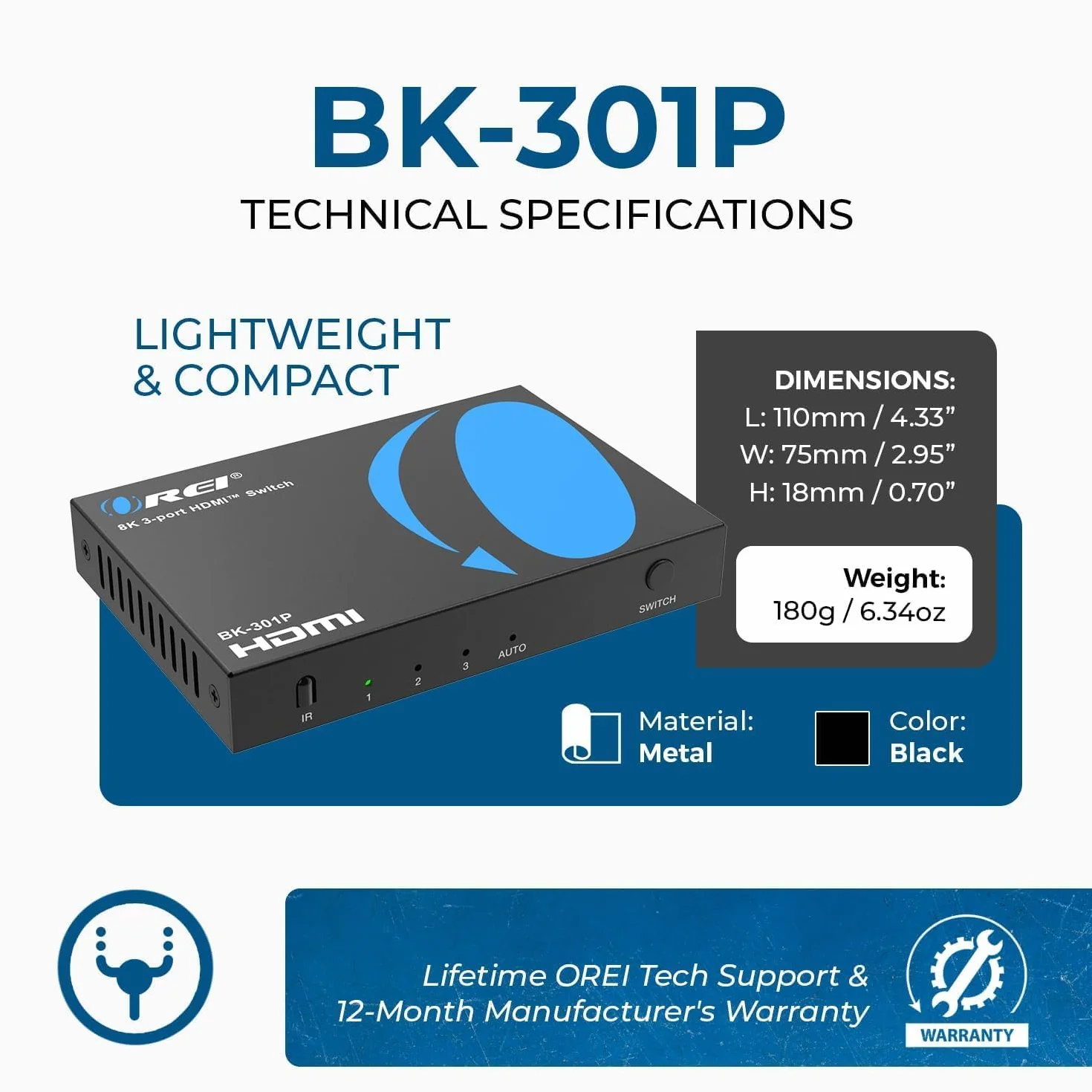 OREI 8K 3-Port HDMI 2.1 Switch, 3-In 1-Out, 8K@60Hz, Manual & Auto Switch | hdmi switch with remote, hdmi switch 4k 120hz, HDR10+, Dolby Vision, VRR, ALLM, CEC, PS5/Xbox compatible