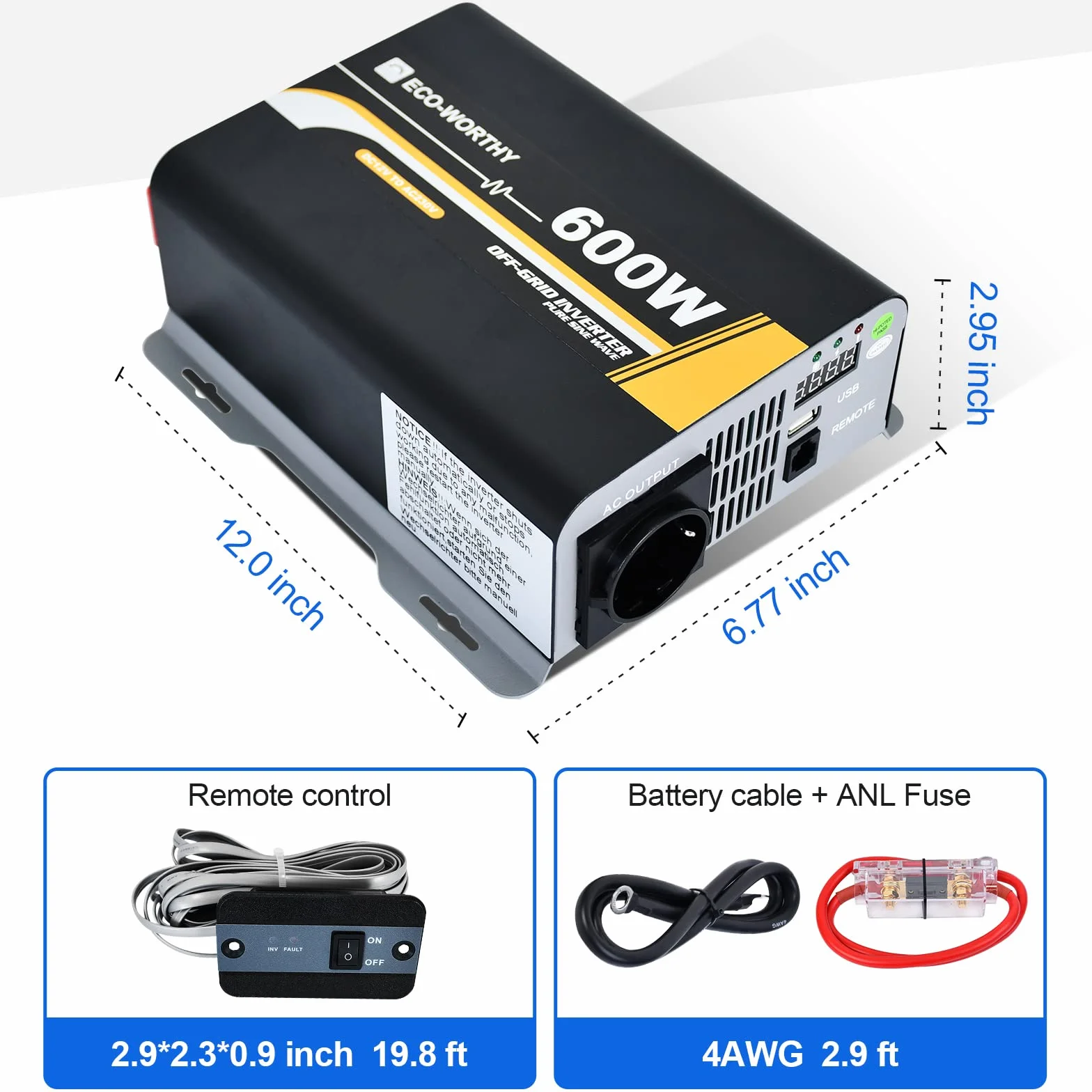 ECO-WORTHY 600 W, 12 V-230 V AC, Off-Grid falownik solarny fala sinusoidalna DC z pilotem zdalnego sterowania i bezpiecznikiem, do samochodu, przyczepy kempingowej, pojazdów kempingowych i systemów