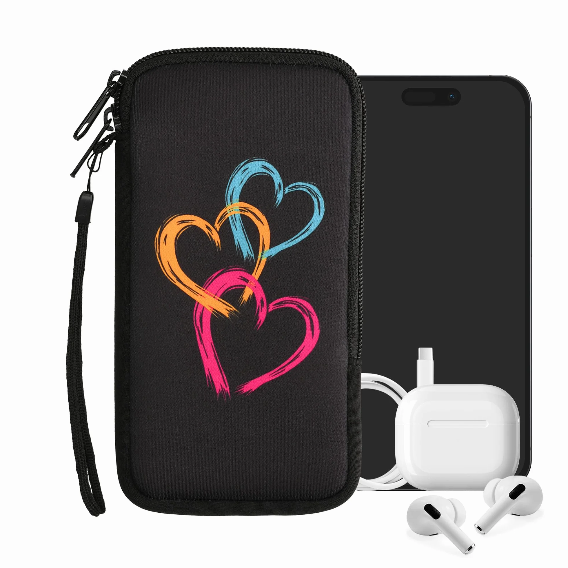 kwmobile Neoprenowy rękaw na smartfon rozmiar XL - 6,7/17.3 cm - etui amortyzujące wstrząsy - ochronna torba na telefon - szczotkowane serce abstrakcyjne ciemnoróżowy/pomarańczowy/czarny