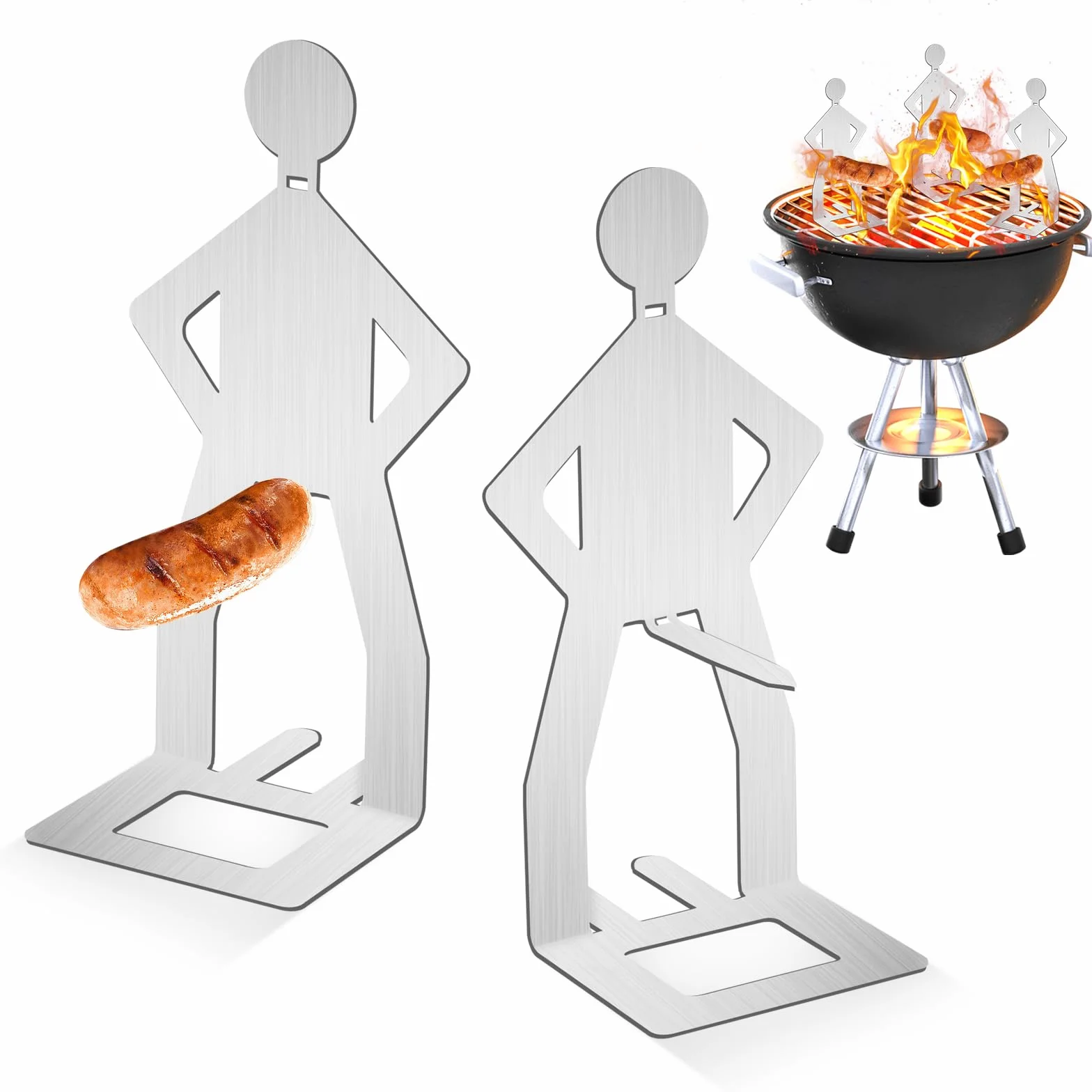 Stojak do grillowania kiełbasy, 2 sztuki, ze stali nierdzewnej, kreatywny stojący człowiek stojak na kiełbasę do grillowania, narzędzia BBQ hot dog do gotowania na zewnątrz i campingu