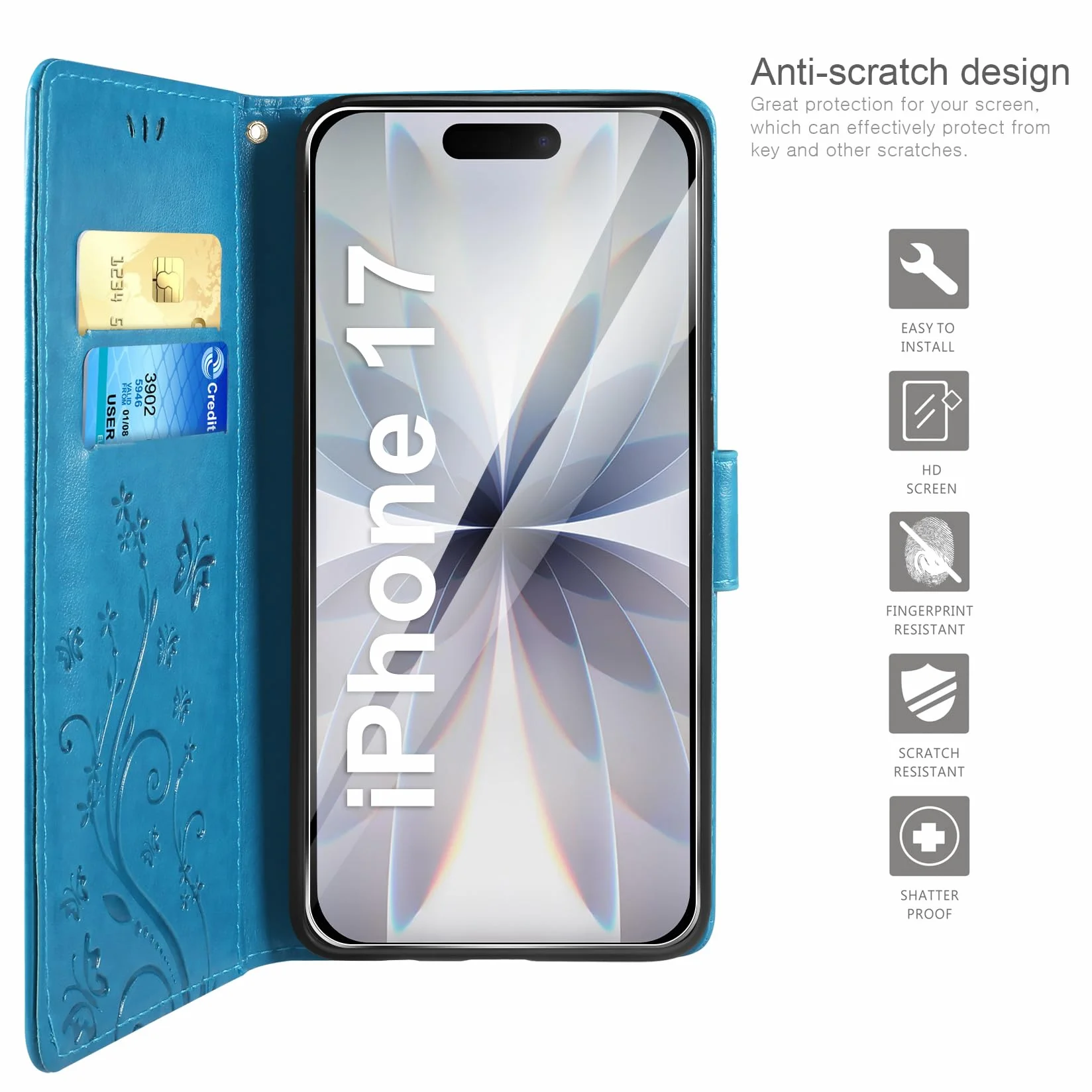 Etui kompatybilne z iPhone 17 z osłoną ekranu ze szkła hartowanego, portfelowe ze skóry PU, składany stojak, magnetyczne, niebieskie