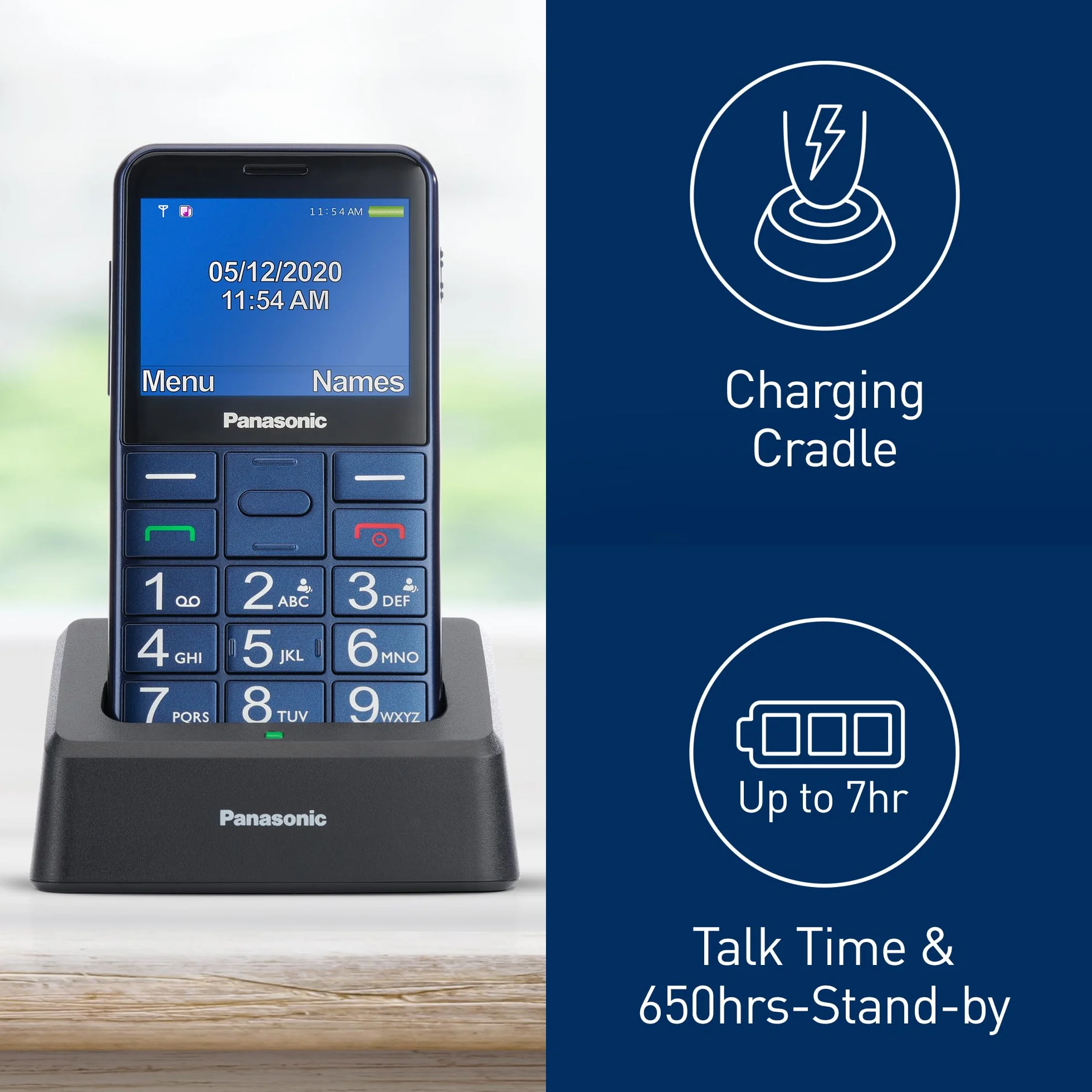 Panasonic KX-TU155 telefon komórkowy dla seniora (połączenia priorytetowe, czytelny ekran 2.4", podświetlane przyciski, jasna latarka LED), niebieski
