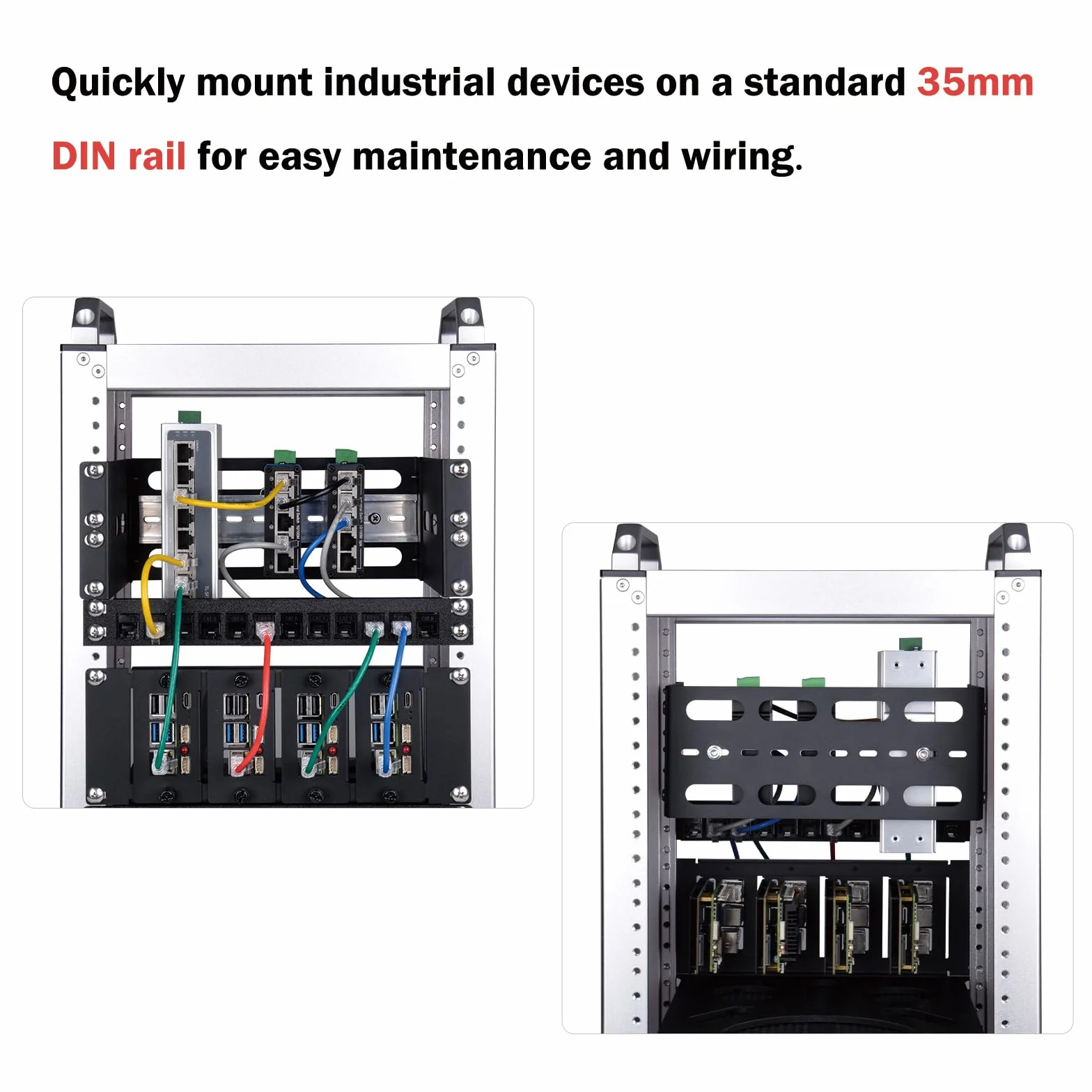 GeeekPi Uchwyt montażowy na szynie DIN 25,4 cm, regulowana głębokość, do DeskPi RackMate T1/T0/T2/T0 Plus/T1 Plus, kompatybilny z przemysłowymi urządzeniami sieciowymi 35 mm i szafą 10"