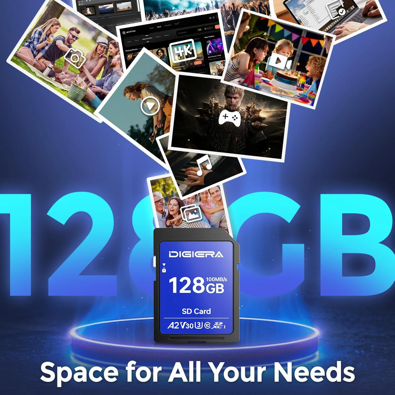 DIGIERA Karta pamięci 128 GB CS100 SDXC UHS-I – do 100 MB/s, C10, U3, V30, 4K UHD, karta SD do komputerów, aparatów cyfrowych, urządzeń kina domowego, systemy nawigacji samochodowej (2 sztuki)