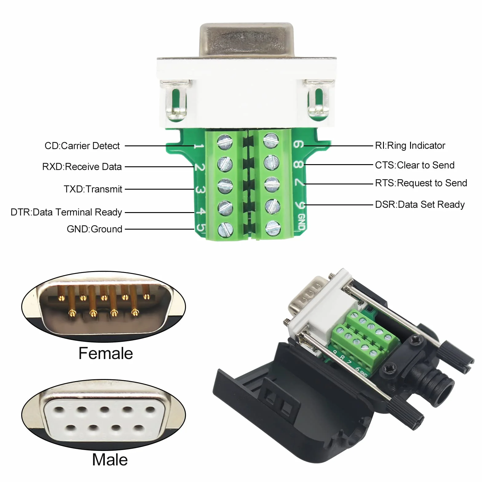 DB9 Breakout Connector, DB9 Solderless RS232 D-SUB żeńskie adaptery szeregowe 9-pinowy port biały adapter do modułu sygnałowego złącza zaciskowego z obudową i nakrętką