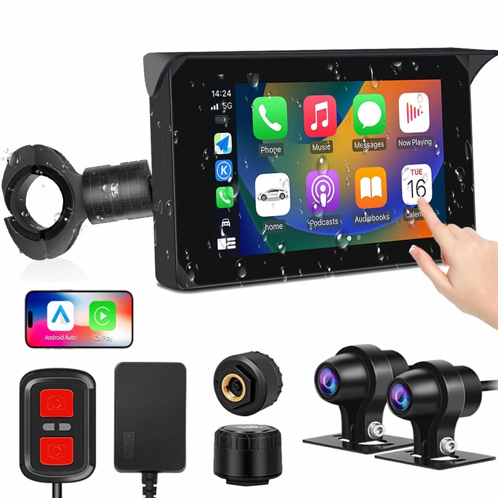 Wyświetlacz VSYSTO Motorrad Carplay, Bezprzewodowy Carplay i Android Auto, Nawigacja GPS, Czujniki Ciśnienia w Oponach, 5-Calowy Ekran Dotykowy WiFi HD 1080P Przednia i Tylna Kamera Motocyklowa (CS5)