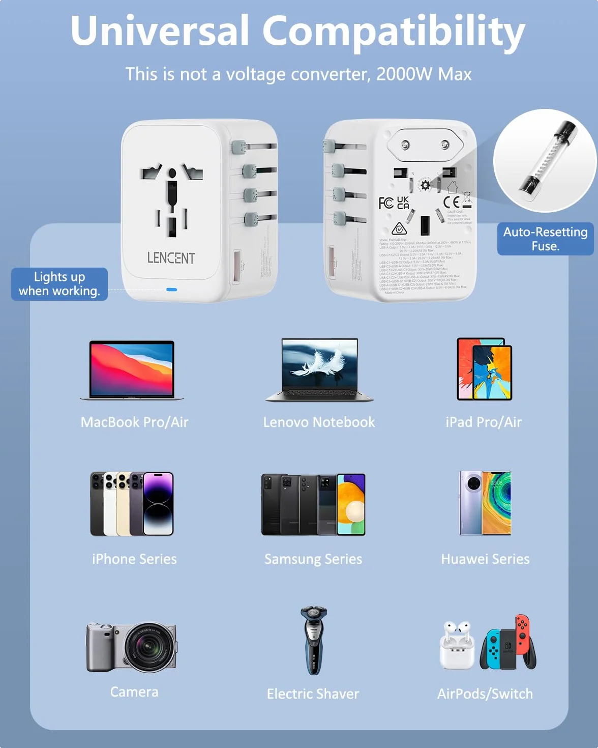 LENCENT GaN III 65 W Uniwersalny Adapter Podróżny | z 1 Gniazdem USB-A i 3 USB-C PD, Adapter do Gniazda Wtykowego Typu A/C/G/I (USA/UK/EU/AUS), Biały