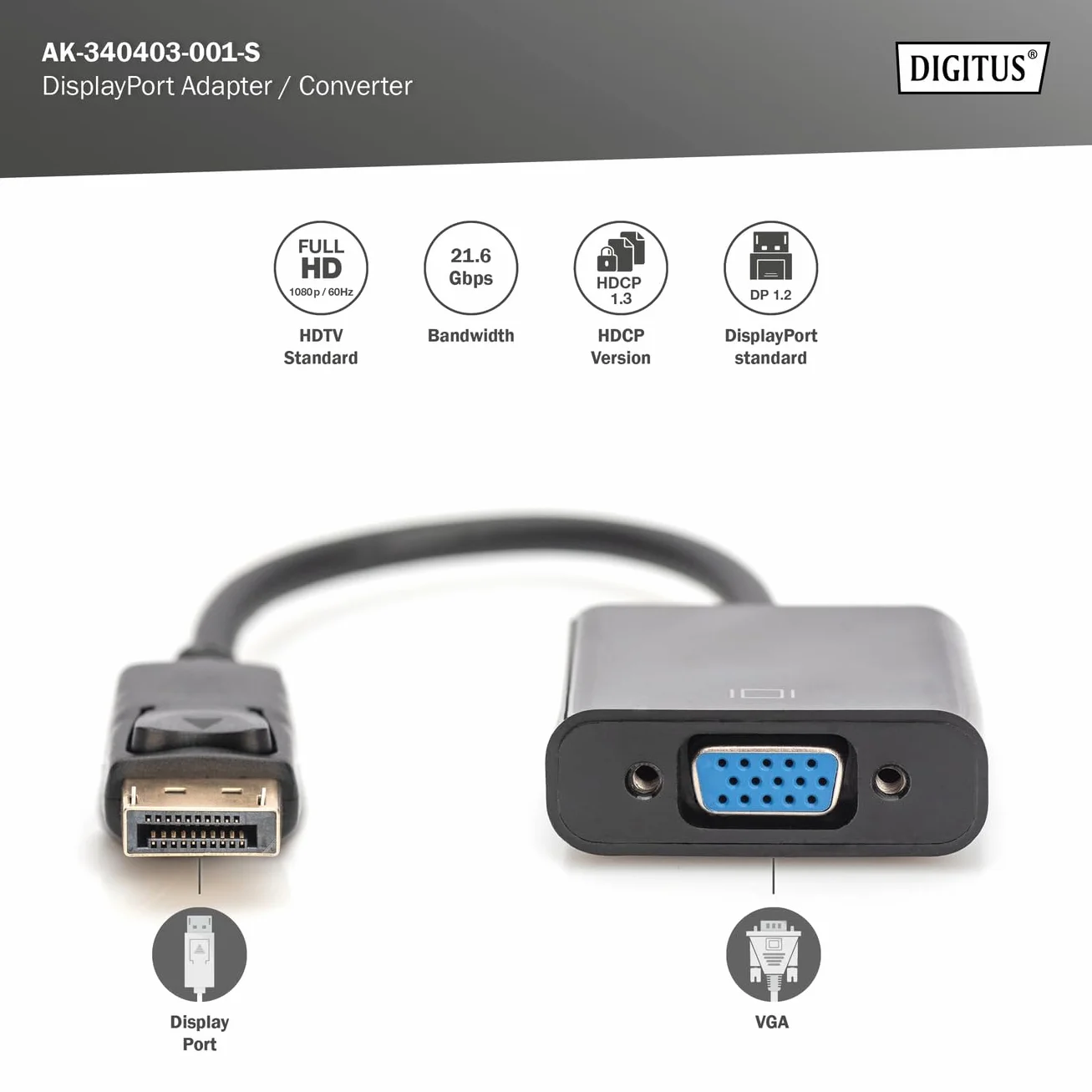 DIGITUS Adapter graficzny DisplayPort, DP do VGA, Full HD 60Hz, 1920 x 1080 pikseli, czarny