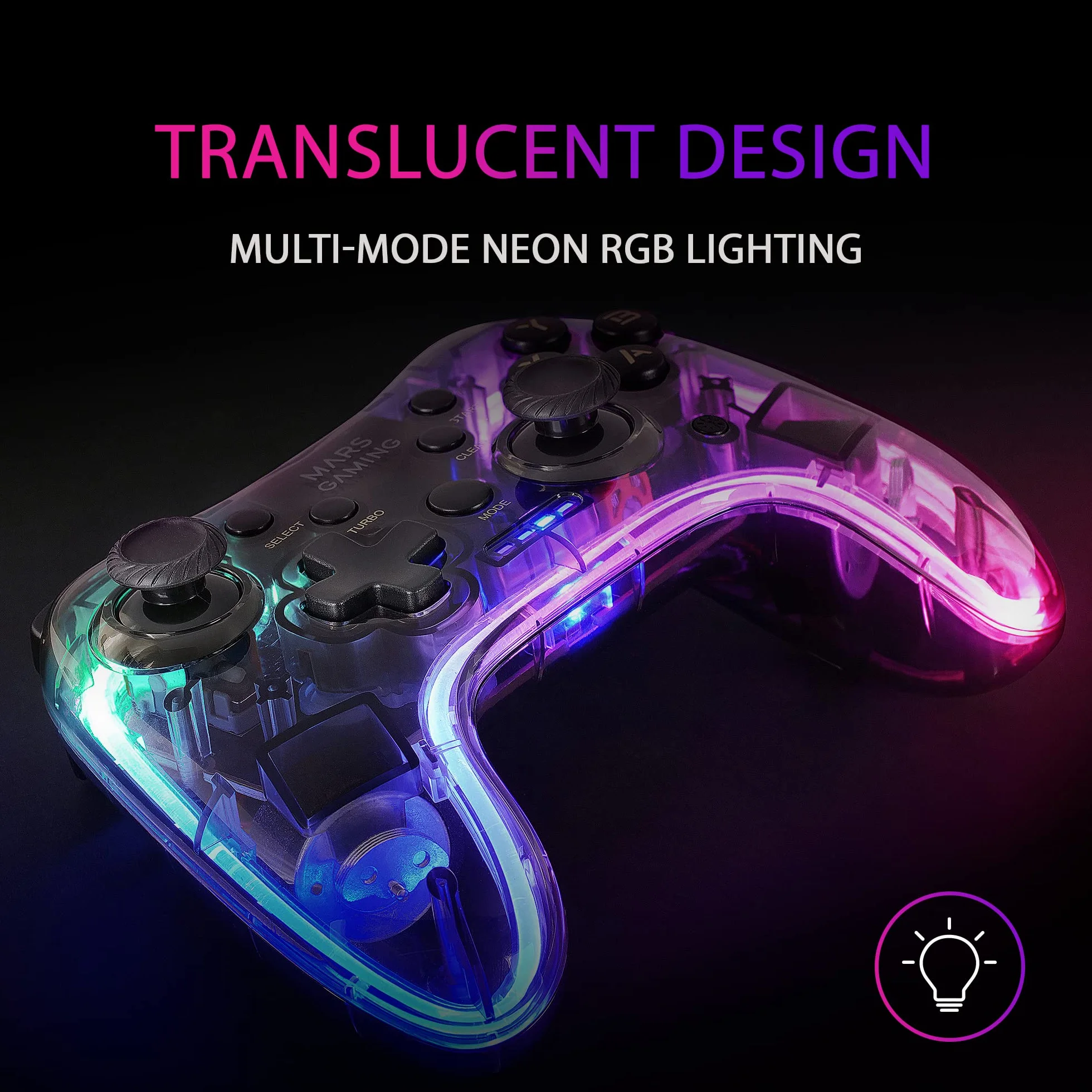 Mars Gaming MGP-24, Bezprzewodowy Gamepad 2.4GPRO, Neon RGB, Dual Wibracje Haptyczne, Joysticki Analogowe, Kontroler do PC, PS3, PS4, X360, Raspberry Pi, Mac, Android