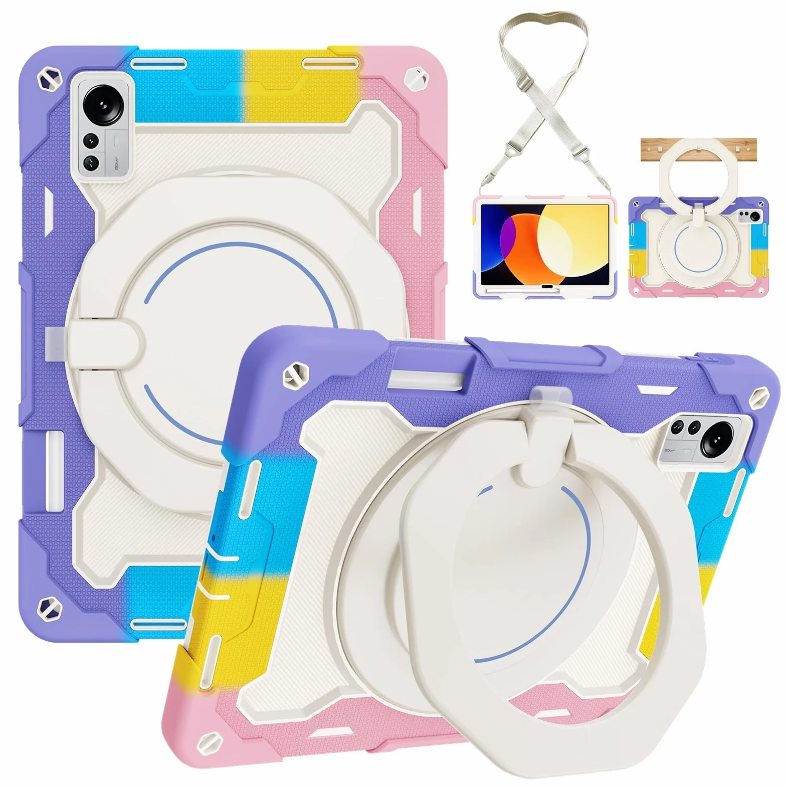 Pełna torba ochronna Wytrzymała obudowa ochronna do Xiaomi Mi Pad 5 Pro 12,4", stojak obrotowy o 360°, pasek na ramię, uchwyt na długopis i pierścień uchwytu, ochrona przed wstrząsami dla dzieci i