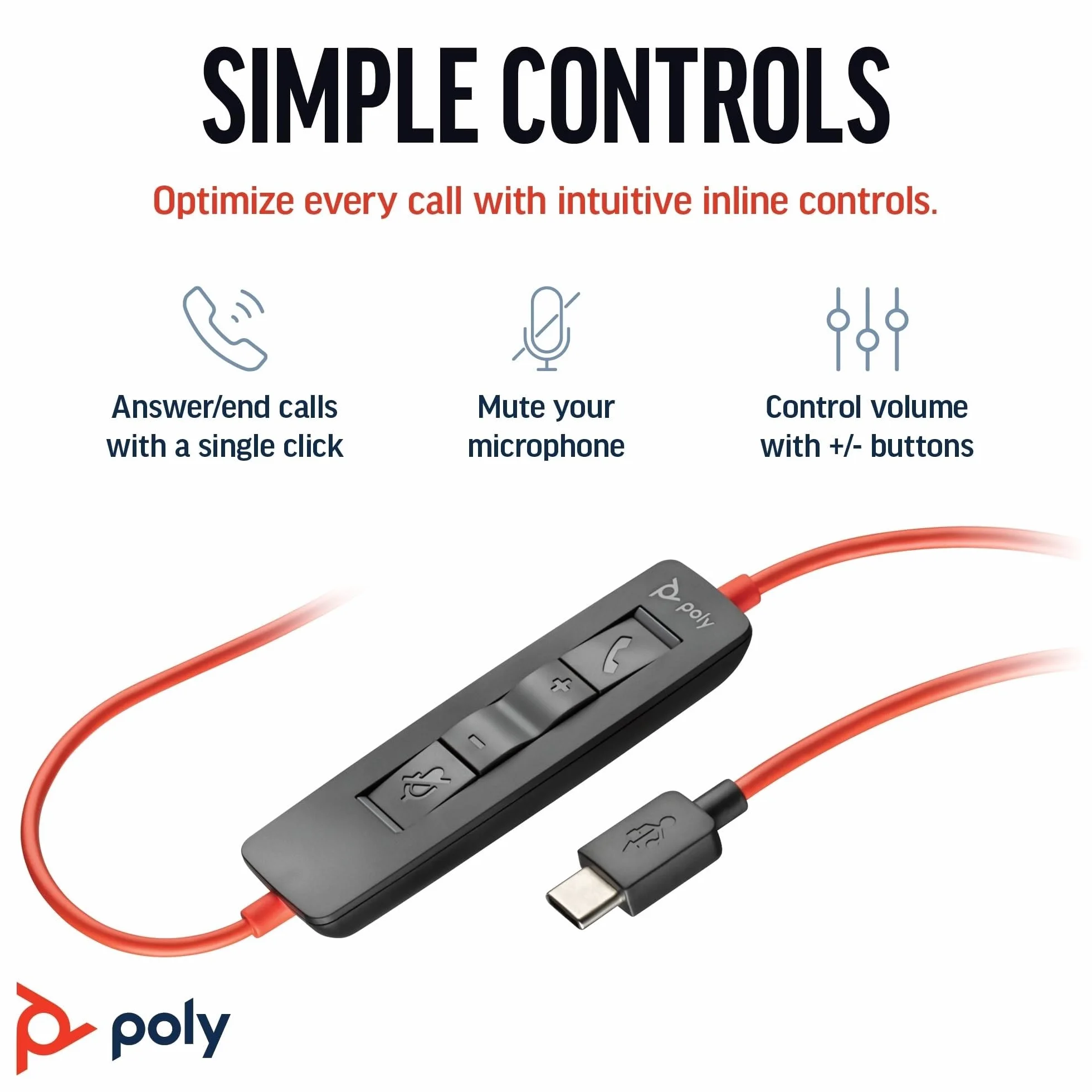 Poly Blackwire 3320 przewodowy zestaw słuchawkowy (Plantronics) – elastyczny wysięgnik mikrofonowy – stereo Hi-Fi, połączenie z komputerem PC/Mac przez USB-C lub USB-A – współpracuje z zespołami/Zoom,