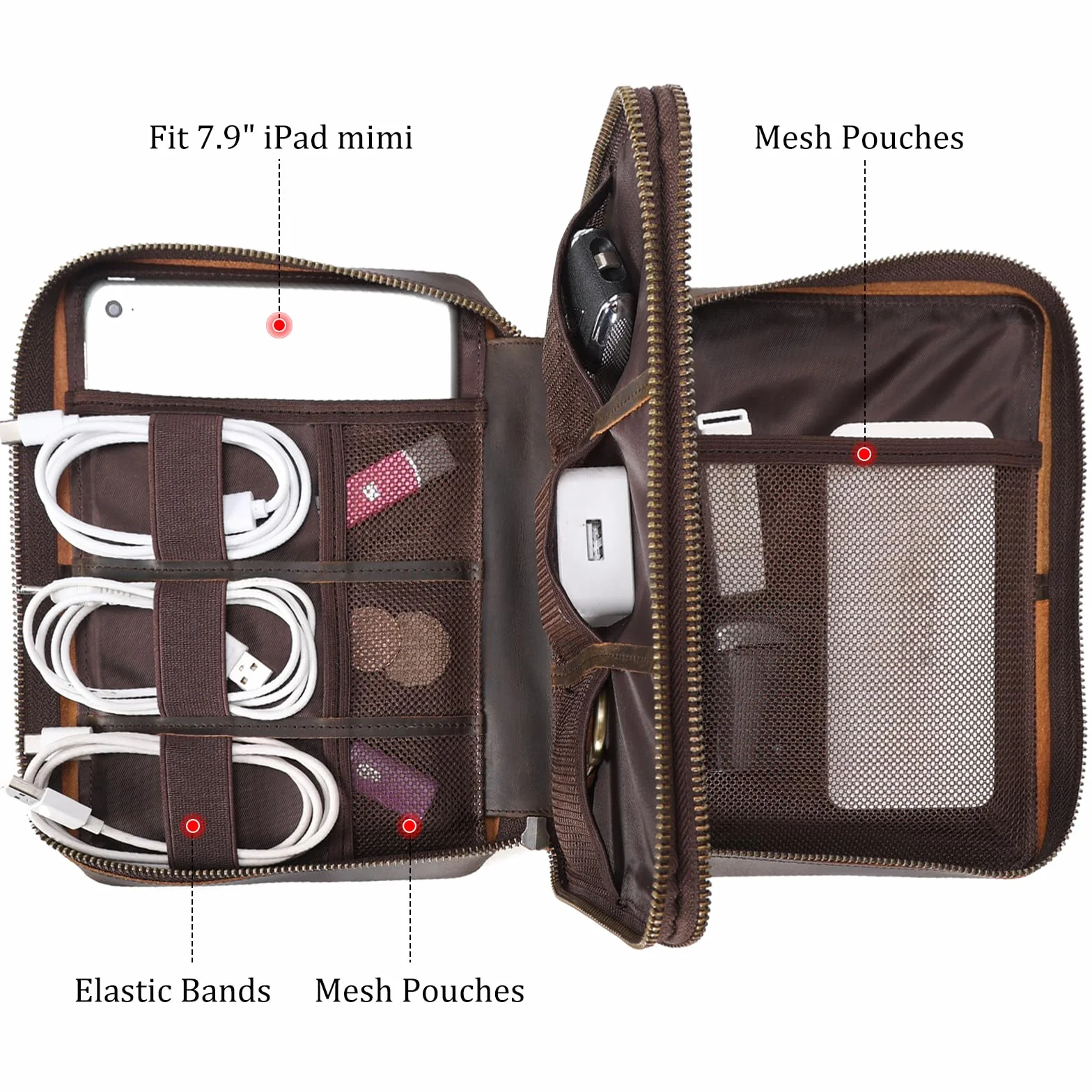 Polarny organizer na kable podróżne ze skóry licowej, dwuwarstwowy, akcesoria elektroniczne, torba z zamkiem błyskawicznym YKK, torba do przechowywania kabli, powerbank, USB, karty SD, ciemnobrązowy