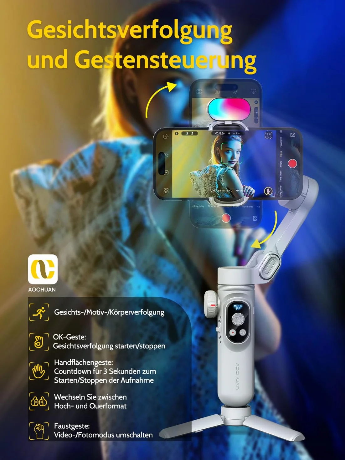 Stabilizator gimbala do smartfona, zestaw magnetycznych świateł uzupełniających RGB, wyświetlacz OLED, koło ostrości światła, profesjonalny 3-osiowy stabilizator do Androida i iPhone'a, zestaw AOCHUAN