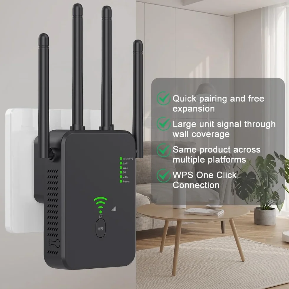 Wzmacniacz Wi-Fi, wzmacniacz sygnału WiFi, wzmacniacz sygnału WiFi, 2,4 GHz + 5 GHz WiFi Booster z repeaterem, kompatybilny ze wszystkimi routerami z 1 portem WAN, 1 portem LAN, obsługa WPS