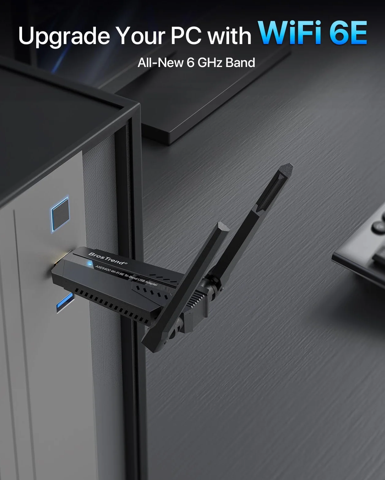 BrosTrend AXE5400 WiFi 6E adapter USB, Tri-Band USB WiFi adapter sieciowy do PC 6GHz 2402Mbps + 5GHz 2402Mbps + 2.4G 574Mbps, ultra niski latencji adapter WiFi do systemu Windows 11/10