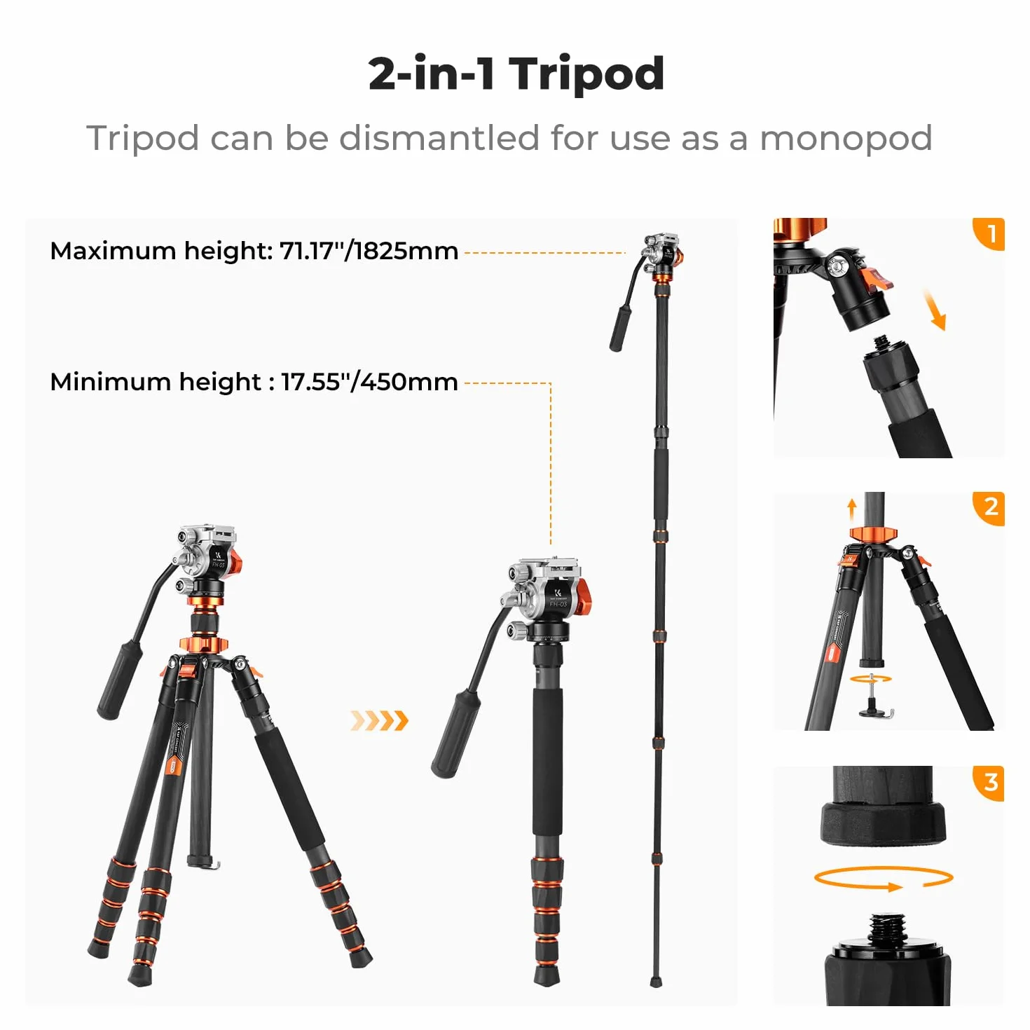 K&F CONCEPT Statyw z włókna węglowego 173 cm, statyw fotograficzny z głowicą hydrauliczną ± 90°, statyw wideo monopod 182 cm z szwajcarską Arca do lustrzanki, Max 5kg, O255C4+FH-03
