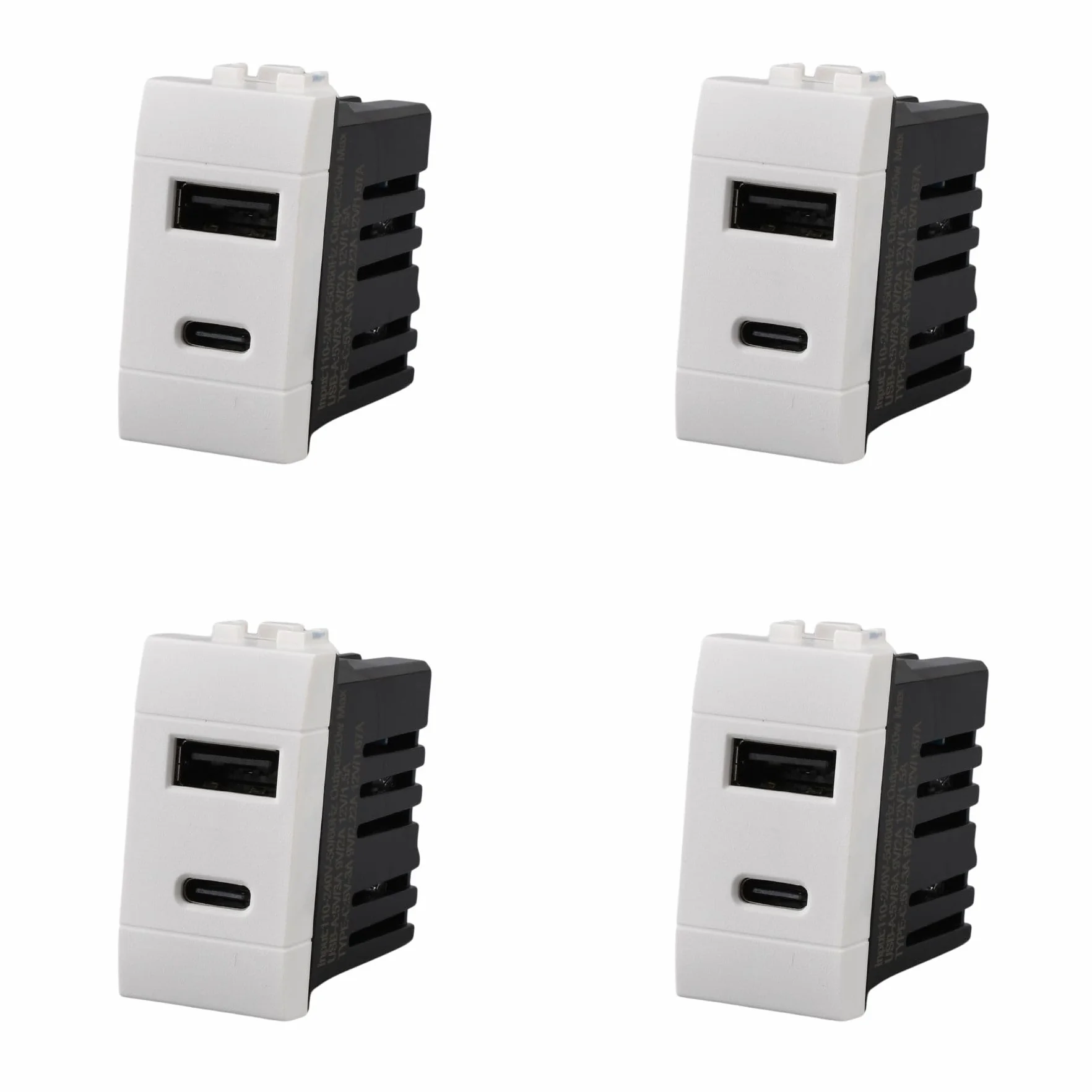 4 sztuki ładowarka USB do zabudowy, 1 moduł, USB-A QC 3.0 + USB-C PD 20 W, szybkie ładowanie 5 V 9 V 12 V, kompatybilna z Bticino Living Light, kolor biały, seria MBL