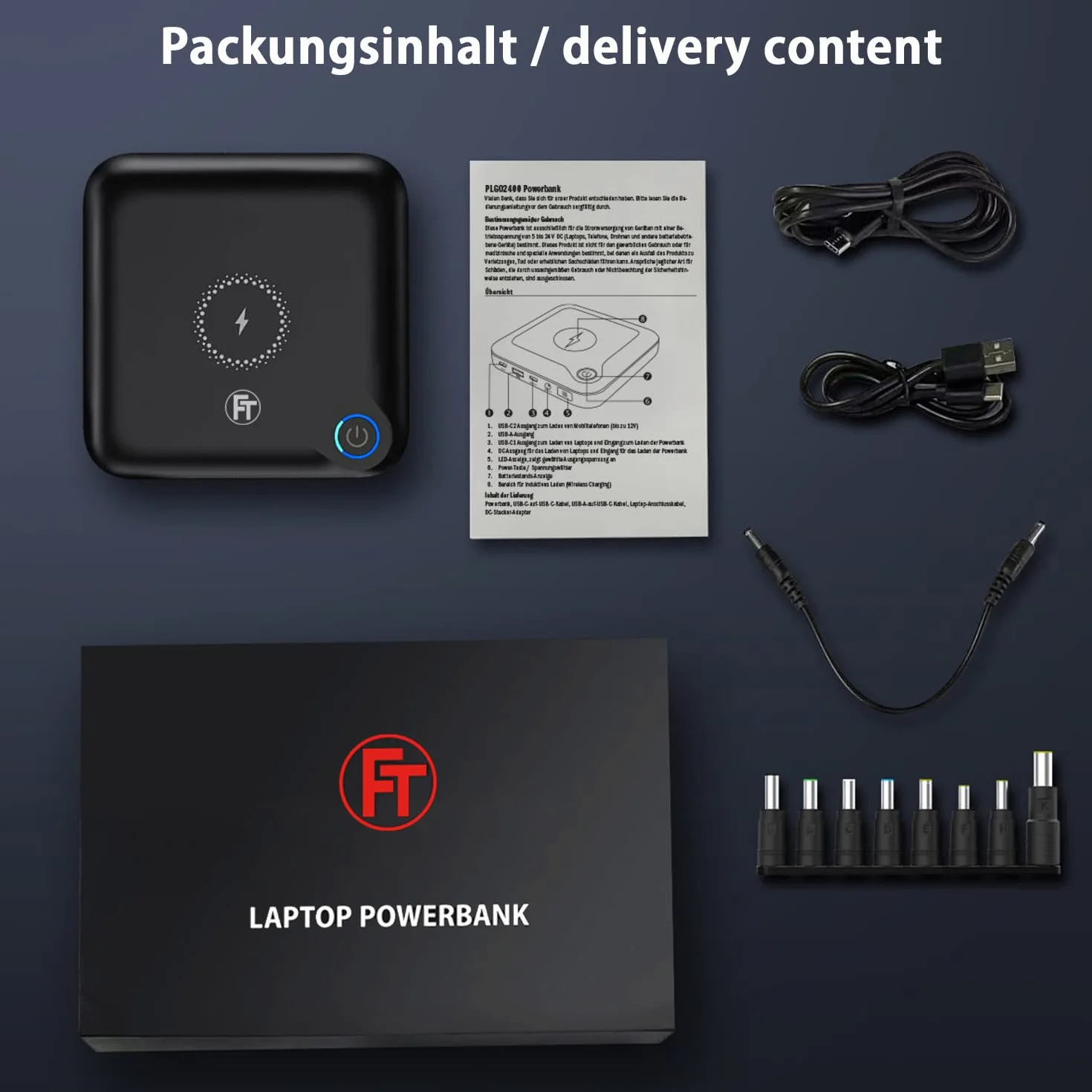 FeinTech PLG02400 Laptop Powerbank 60 W PD USB-C i DC przyłącze do notebooka, MacBooka, iPada, tabletu, smartfona, aparatu, Nintendo Switch, 10 W, bezprzewodowe ładowanie, 88 Wh, 24000 mAh, 122 x 122