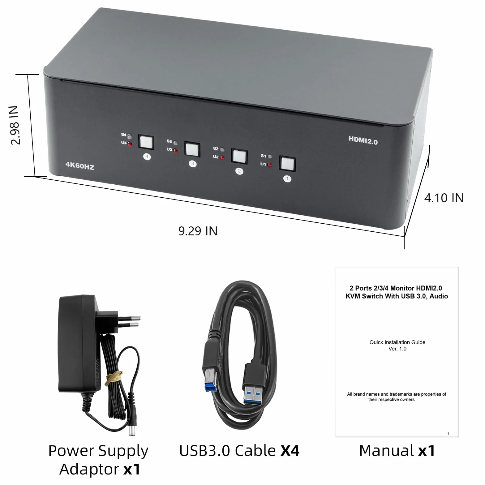 Przełącznik KVM 3 monitory, 4 komputery, przełącznik KVM HDMI 4K 60 Hz z 4 portami USB 3.0 i dźwiękiem 3,5 mm, 4 komputery dzielą jeden zestaw Leyboard, mysz i monitory, obsługuje Windows/Mac/Linux
