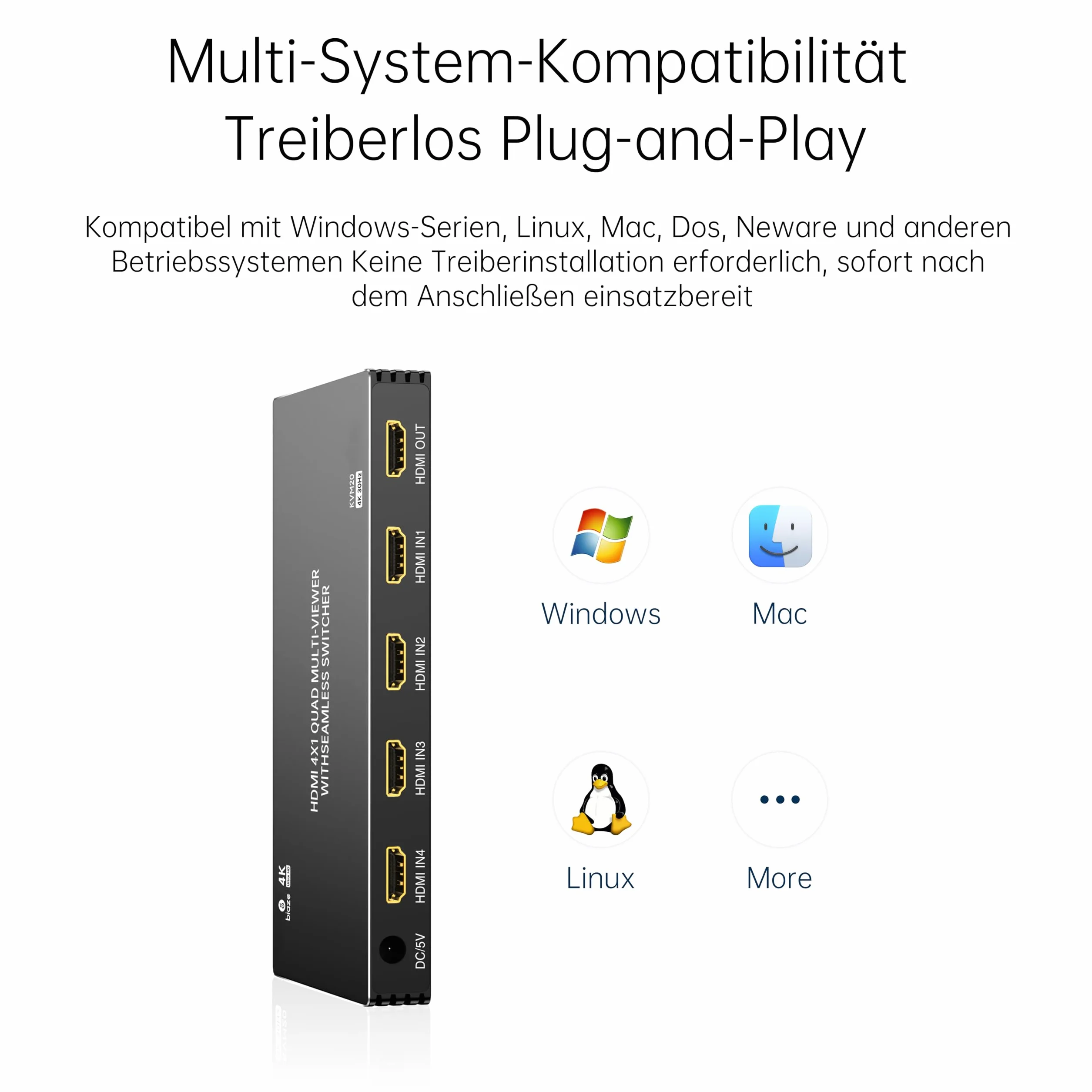 KVM20 4K HDMI Switch 4 x 1, wyjście 4 w 1 z pilotem zdalnego sterowania i zasilaczem, Ultra HD 1080p / 3D/4K 30Hz, 4 tryby dzielonego ekranu do PS5, Fire TV i monitorów, 4 wejścia 1 wyjście