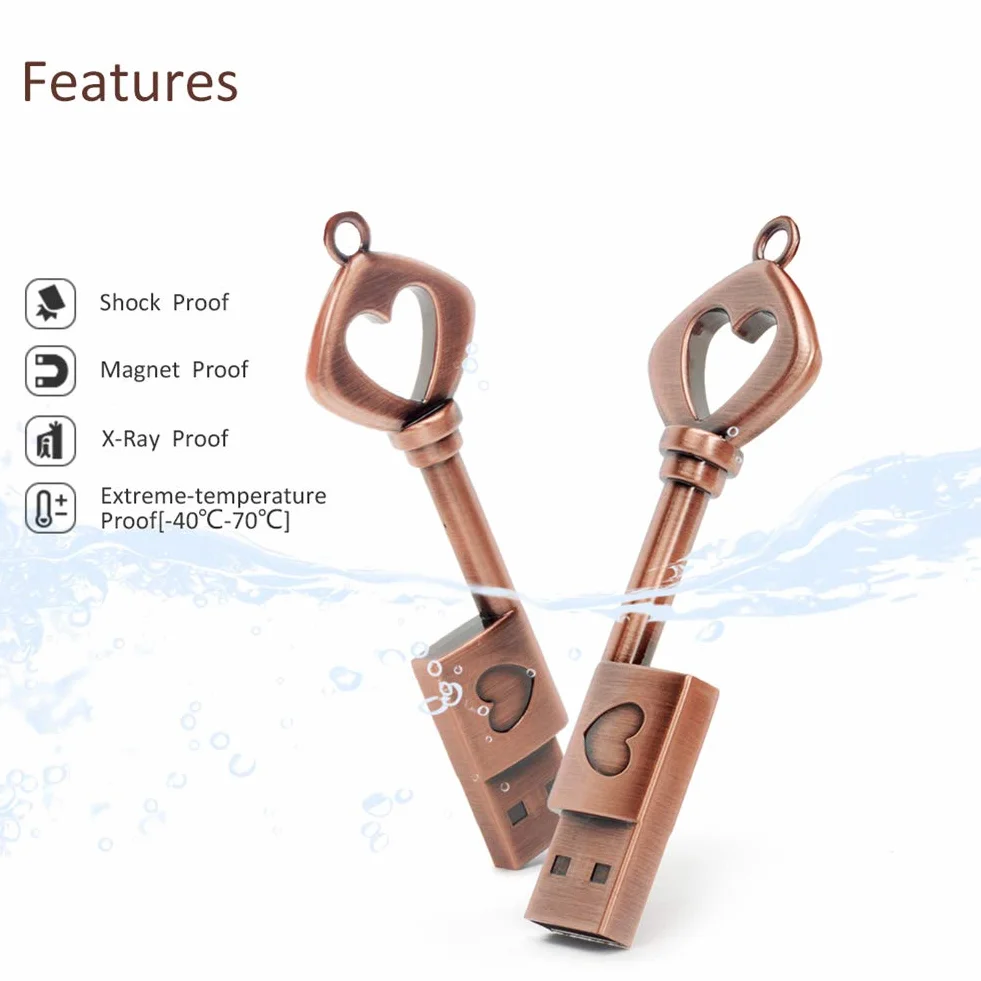 32 GB Pamięć USB, BorlterClamp Pendrive Retro Metalowy Miłość Serce Klucz Kształt