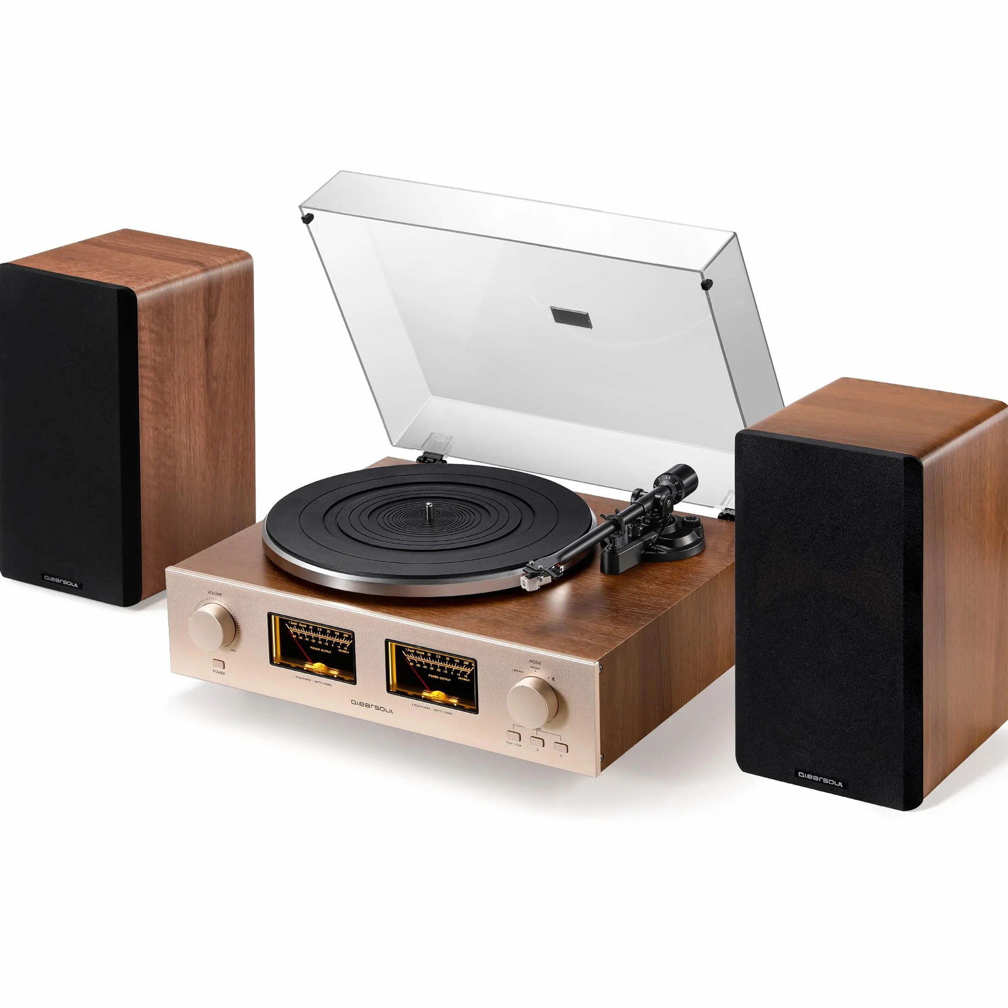 QLEARSOUL HiFire X Gramofon z płytą winylową, system gramofonu HiFi audiofilski z głośnikami regałowymi 100W, wskaźnik VU, pre-amp DSP, kompatybilny z 33/45 RPM, RCA Line IN | out