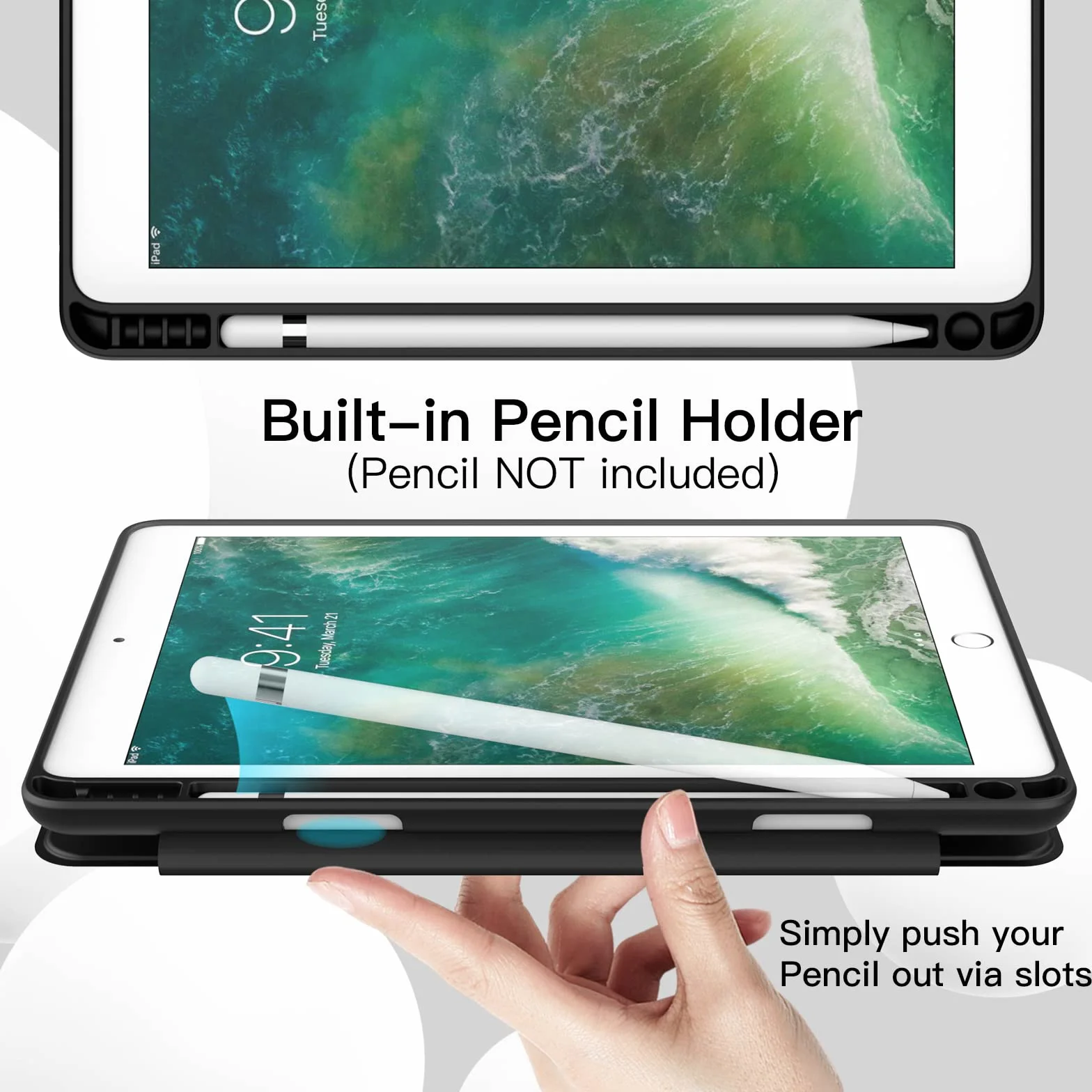 JETech Etui dla iPad 9,7 Cala (6./5. Generacji, 2018/2017) z Uchwytem na Długopis, Szczupły Pokrowiec na Tablet z Miękki Tył z TPU, Automatycznie Budzi/Spać (Czarny)