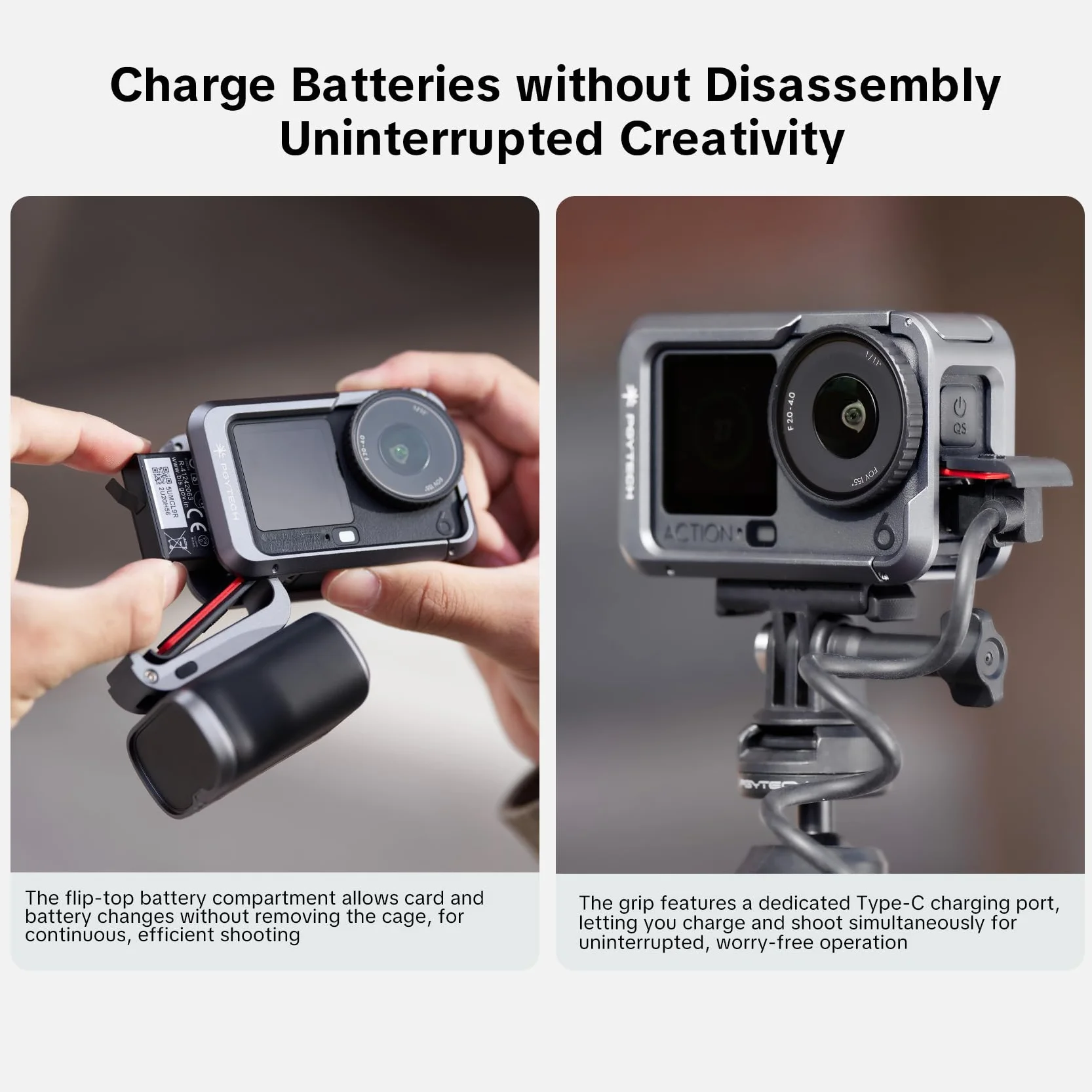 PGYTECH StreetPro Zestaw Uchwyt do Dji Osmo Action 6, Klatka Rig | Ergonomiczny Uchwyt, Mocowanie Zimna Stopka, Szybki Montaż, Stabilny Zestaw Vlogging, Lekkie Aluminium