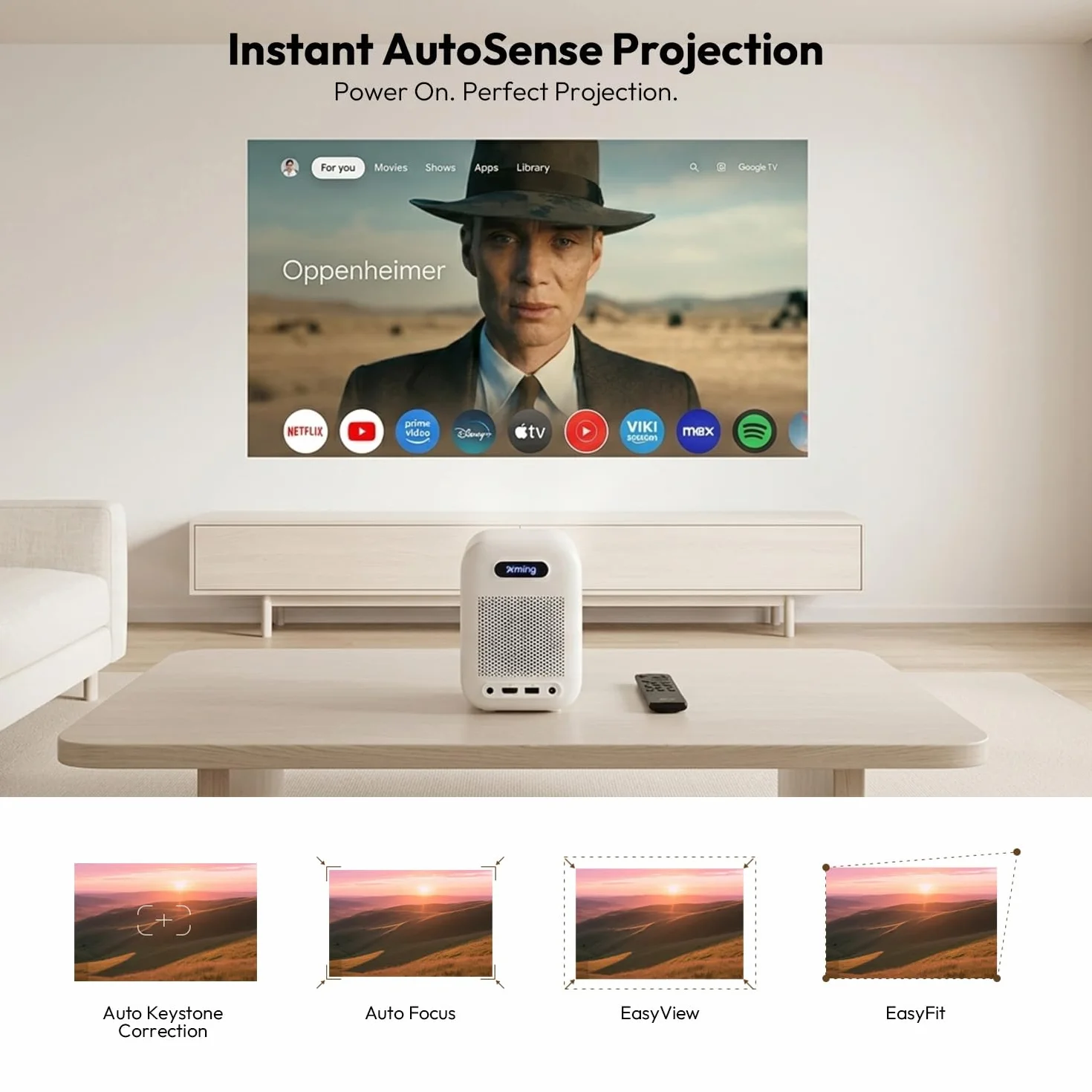 Formovie Xming Episode dwa projektor z Google TV, mini projektor 1080p Full HD, obsługa 4K, Wi-Fi, Bluetooth, Dolby Audio, MEMC, ALLM, kino domowe na zewnątrz, biały