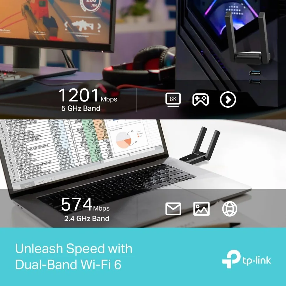 TP-Link Archer TX30U Plus WiFi 6 WiFi USB 3.0 AX1800 Mbps, 2 x wielokierunkowe anteny o wysokim wzmocnieniu, bezprzewodowa dwuzakresowa 5 GHz 1201 Mb/s + 2,4 GHz 574 Mbps, obsługuje Windows 11/10