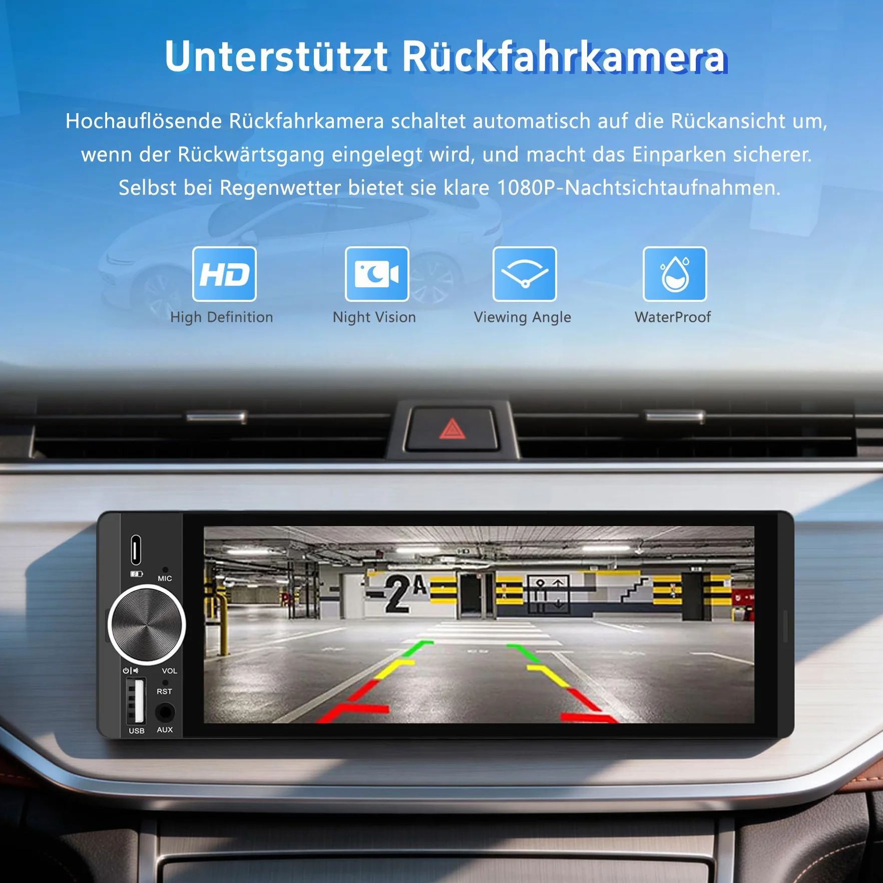 Radio samochodowe 1-DIN 6,28" ekran dotykowy z bezprzewodowym CarPlay i Android Auto, Bluetooth, WLAN, MirrorLink, FM, USB-C, korektor i złącze do kamery cofania, sterowanie kierownicą