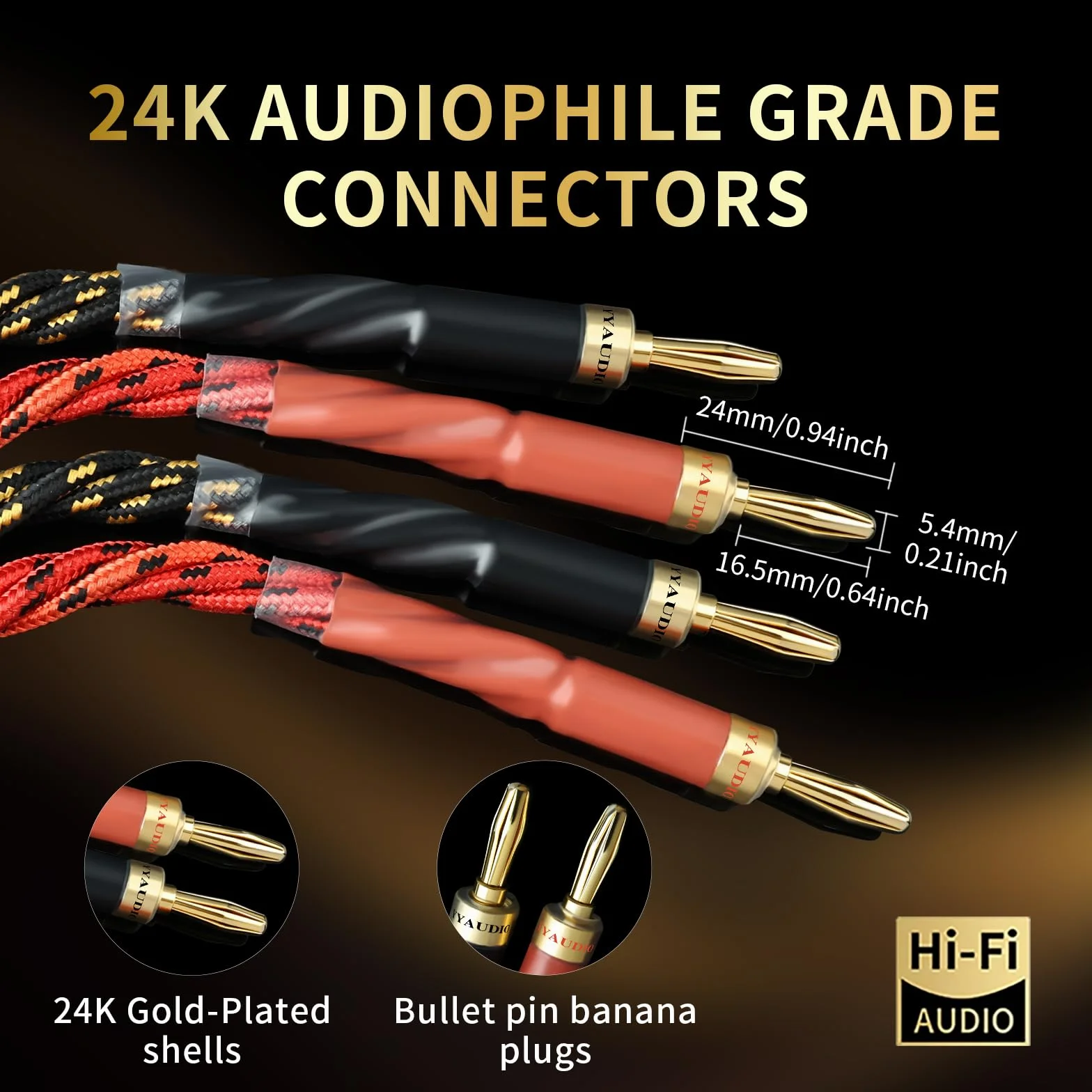 Audiofilski kabel audio do głośników HiFi 10 AWG – rdzeń OFC 4N, pozłacane 24-karatowym złotem wtyki bananowe z nylonowym oplotem; kompatybilny ze wzmacniaczem, głośnikami, kinem domowym i