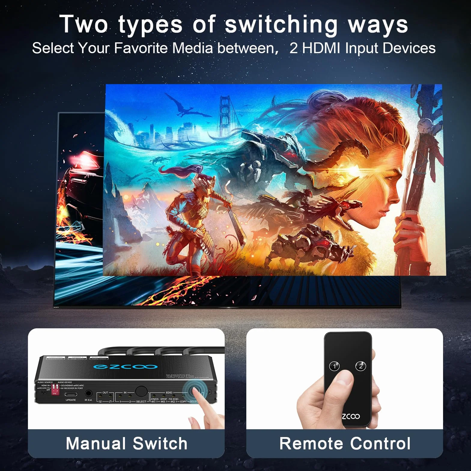 4K 120Hz HDMI 2.1 eARC Audio Extractor przełącznik 2x2 VRR ALLM HDCP2.3 ARC HDR10 CEC SPDIF optyczne wyjście audio IR pilot D-olby EDID dla PS5 XBOX NVIDIA AMD