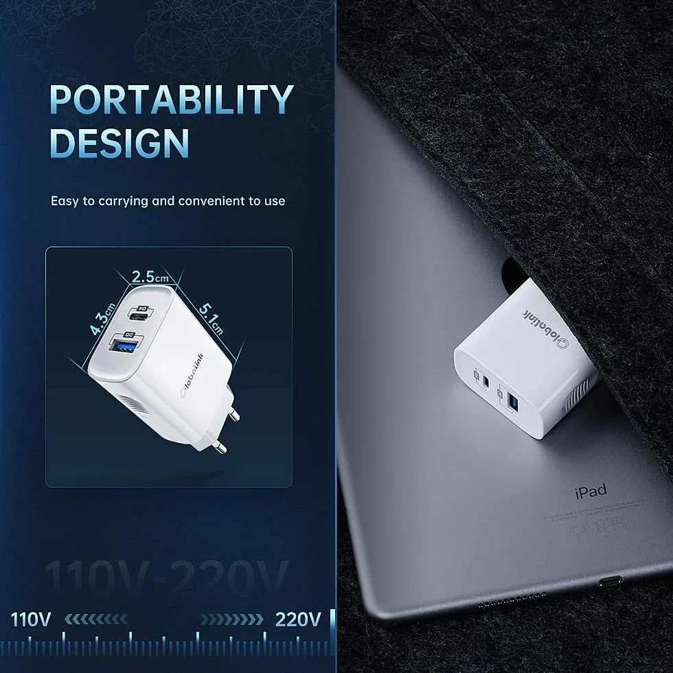 GlobaLink Szybka Ładowarka do iPhone'a 20 W, 2 Porty USB-C, Kabel 2 m USB-C na Lightning (Certyfikat MFi) Kompatybilna z iPhone 13/13 Pro/13 Pro Max/13 Mini/12/12 Pro Max/11/X