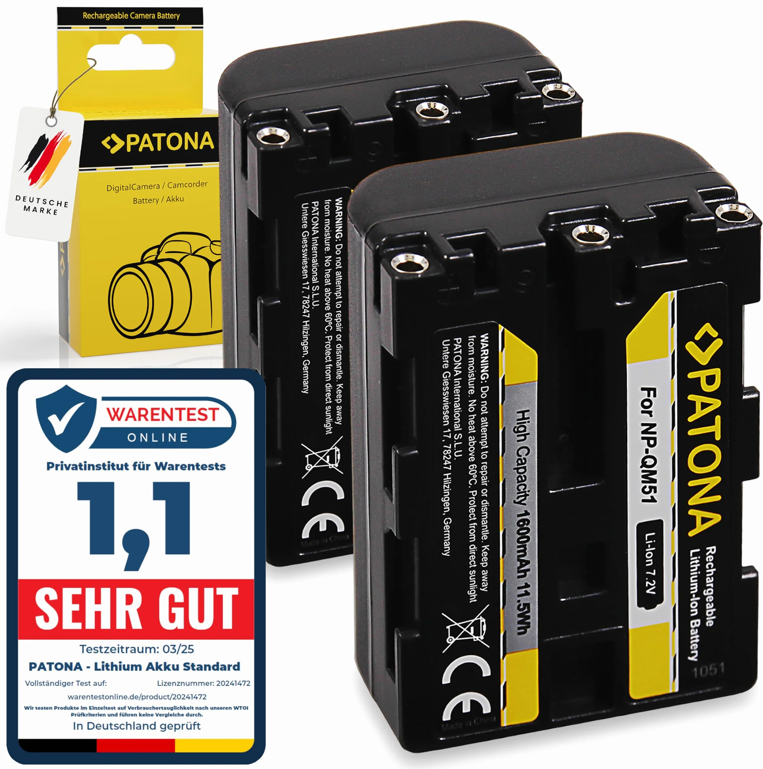 PATONA 2X Akumulator do Sony NP-QM51 QM71D QM91D QM71 FM70 FM90 1600mAh | Akumulator zamienny do kamer DSLR-A100 NP FM30 FM50 CCD TRV106K 108 116 128 DCR DVD91 100 200 HC14 TRV6 TRV8