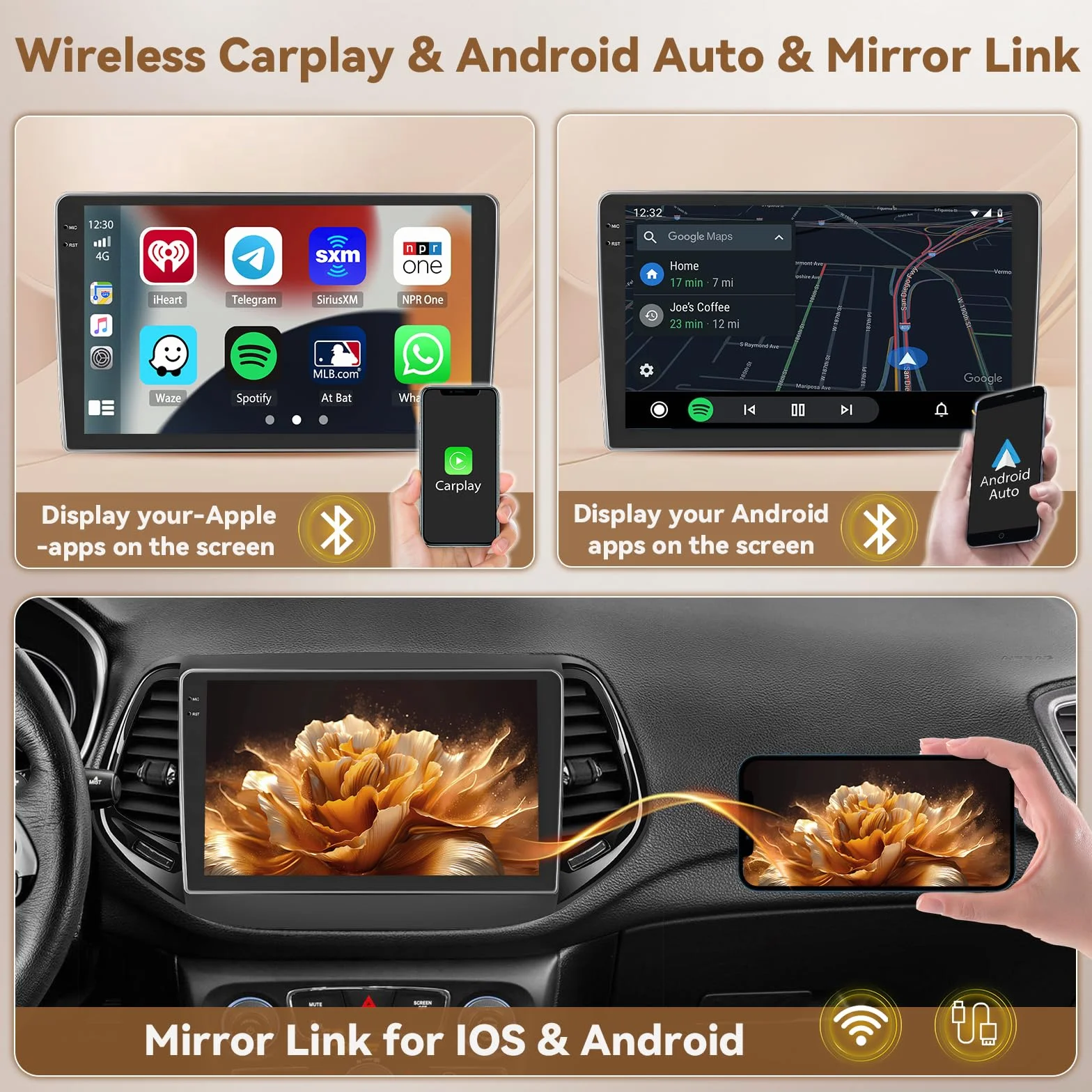 Android 15 4 + 128 G radio samochodowe do Jeep Compass 2017 z ekranem dotykowym 10,1 cala, radio samochodowe 2DIN z bezprzewodowym Carplay Android Auto, FM/RDS Radio BT GPS WiFi kamera cofania