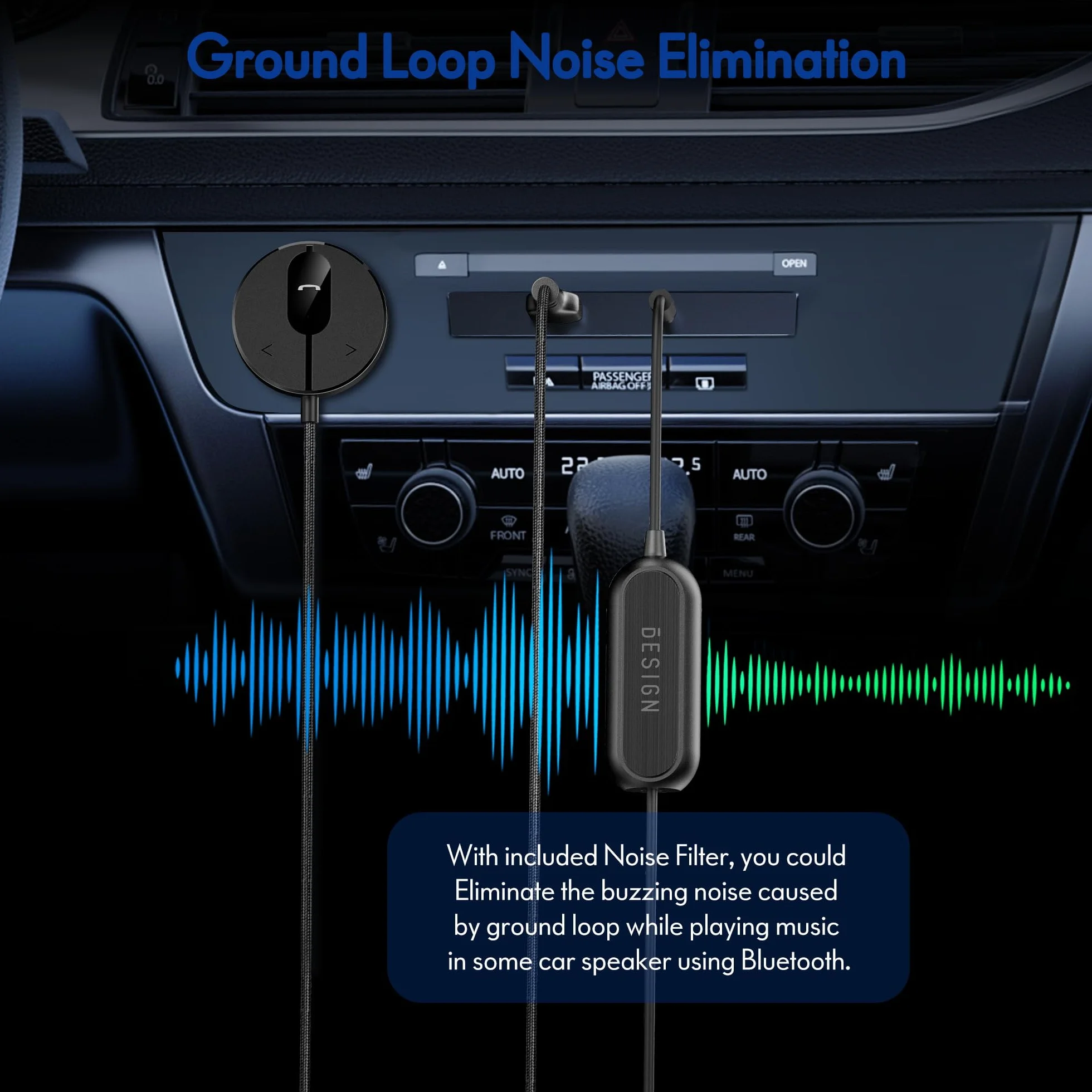 BESIGN BK01 Odbiornik samochodowy Bluetooth z filtrem szumów z pętlą uziemienia do samochodu z gniazdem Aux 3,5 mm