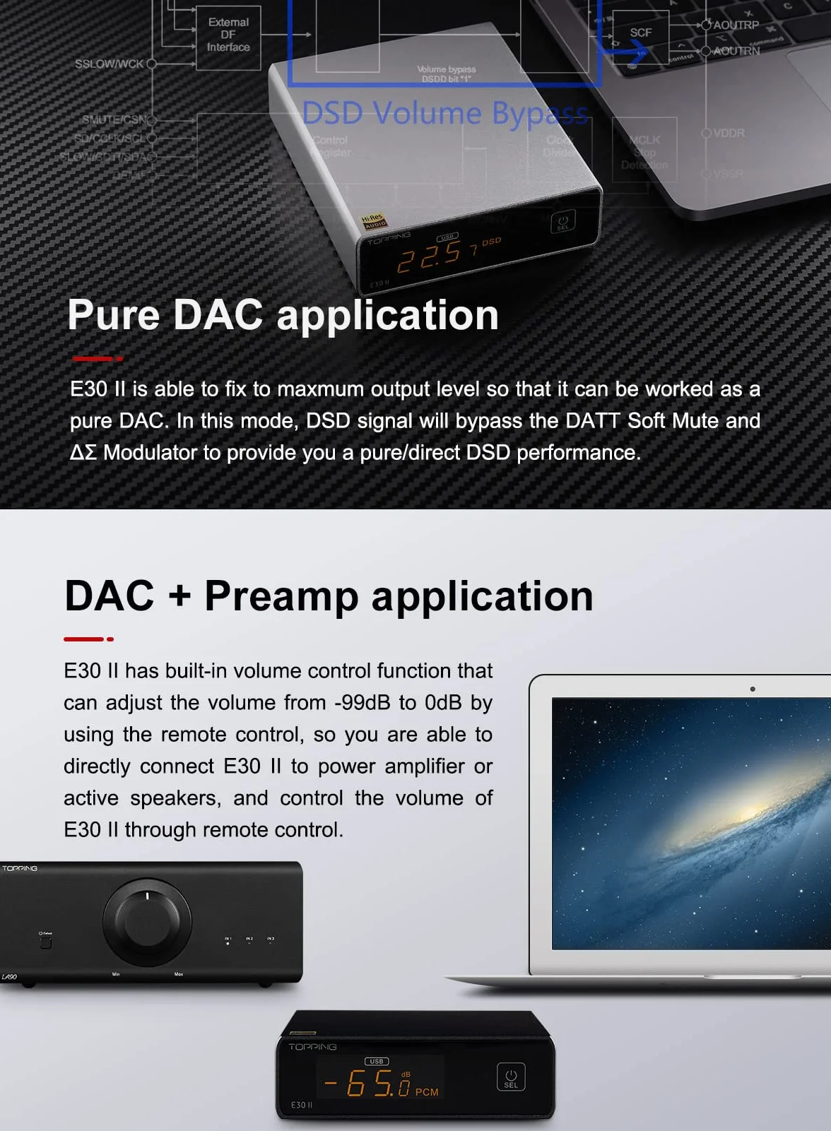 Topping E30 II DAC HiFi 2 x AK4493S Wzmacniacz trybu bezpośredniego dekodowania dla wejść USB/Coax/Opt PCM 32bit 768kHz DSD512 Native Srebro