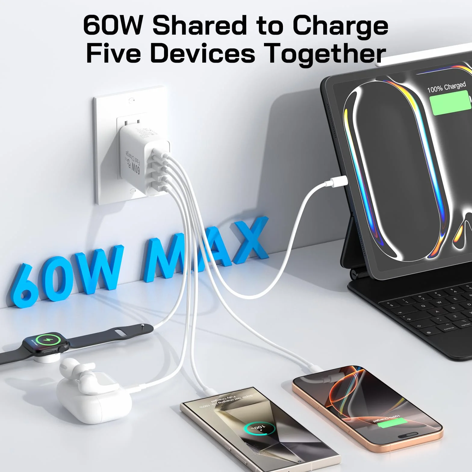 Blok szybkiej ładowarki USB C, 60 W, 5-portowa ładowarka ścienna USB C, 30 W, blok ładowania typu C, 2 USB C+3USB A PPS/PD 3.0 wieloportowa kostka ładująca do iPhone'a 16 15 14 13 Pro Max, do Galaxy