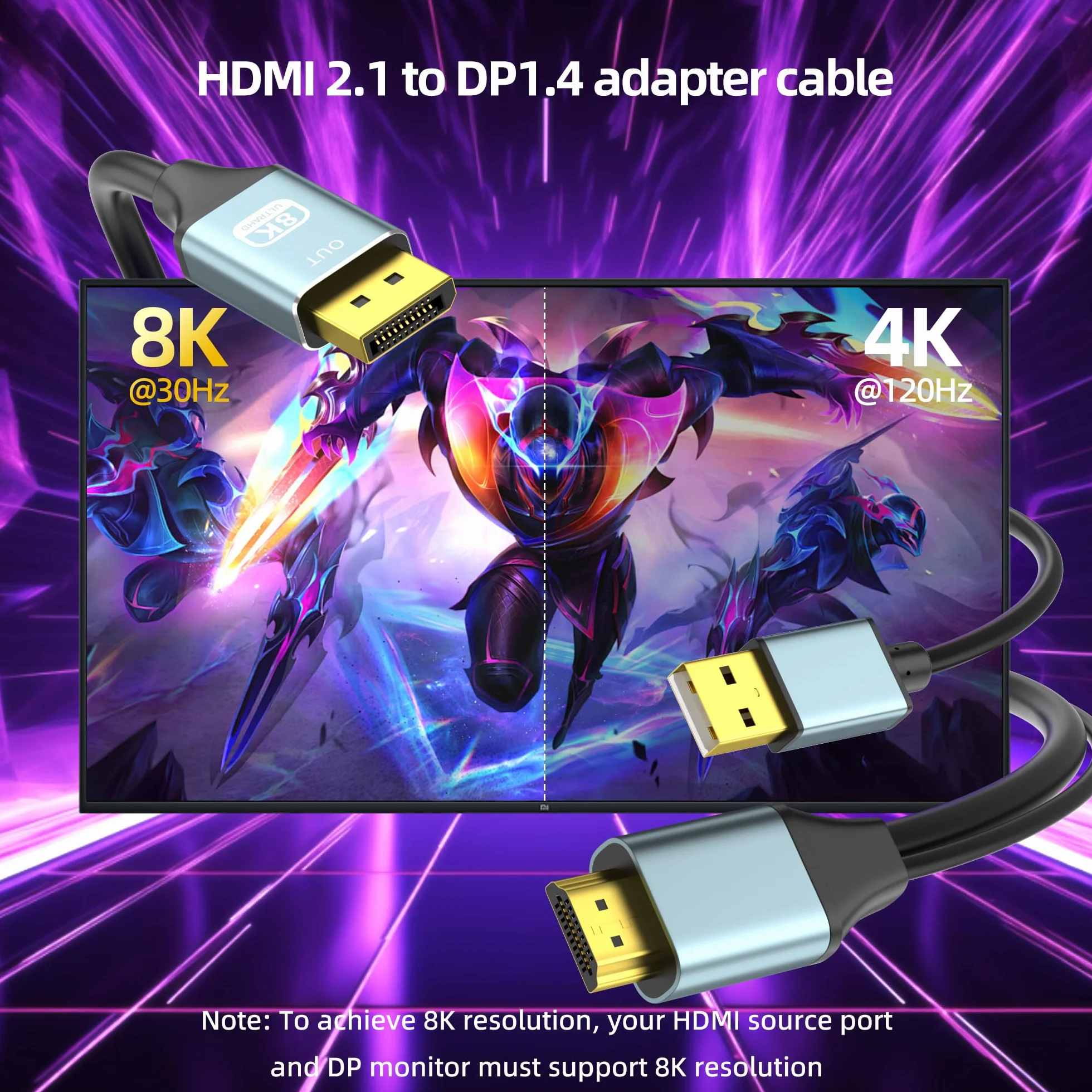 Adapter HDMI na DisplayPort 8K@60Hz, 4K@144Hz / 2K@240Hz, 1,5 m – Konwerter HDMI 2.1 na DP 1.4 do monitorów gamingowych – Aktywny kabel HDMI na DisplayPort do PS5, Xbox i komputerów gamingowych