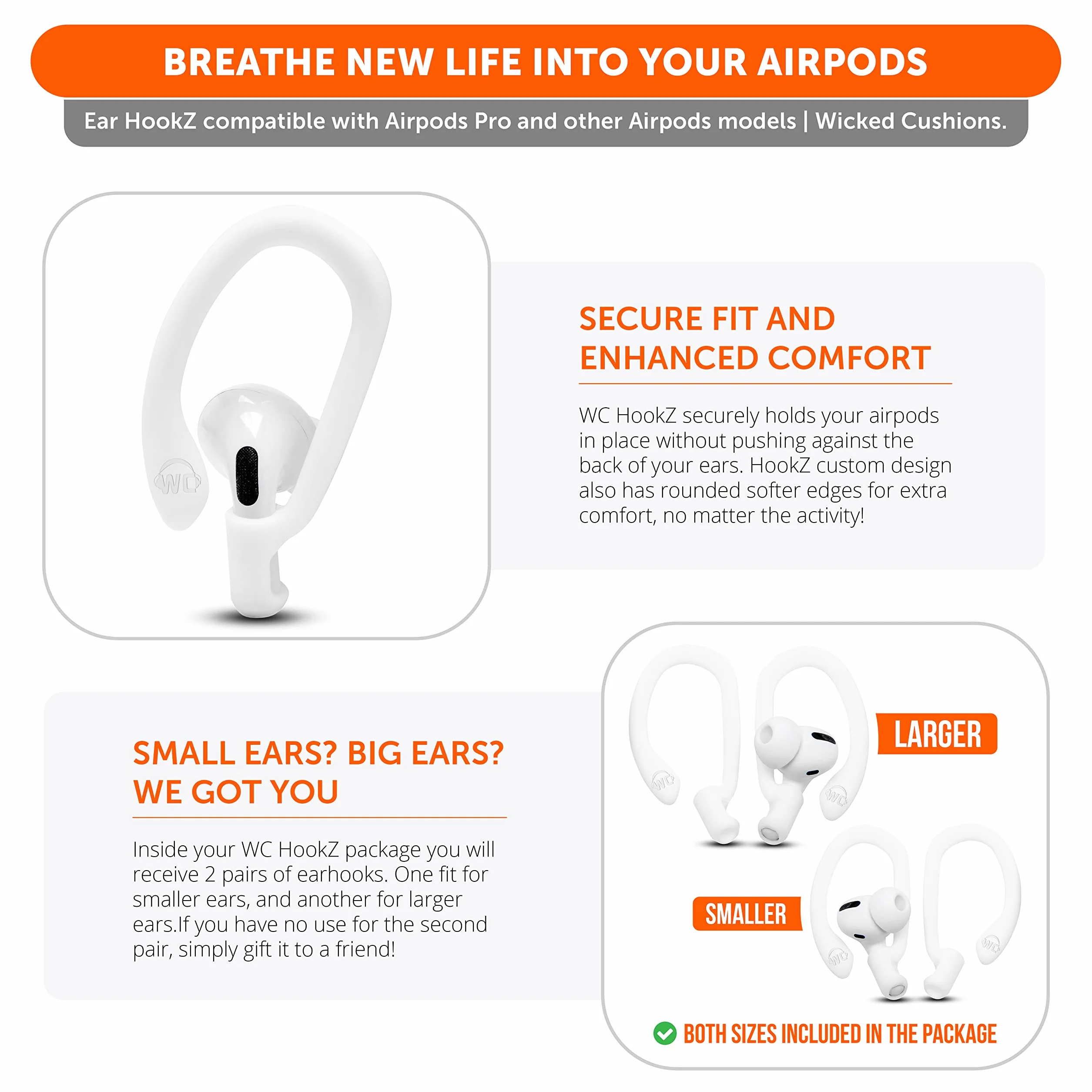 Wicked Cushions WC HookZ zaczepy na uszy do AirPods Pro 1, 2 i AirPods 1, 2, 3 - 2 pary, Winter White