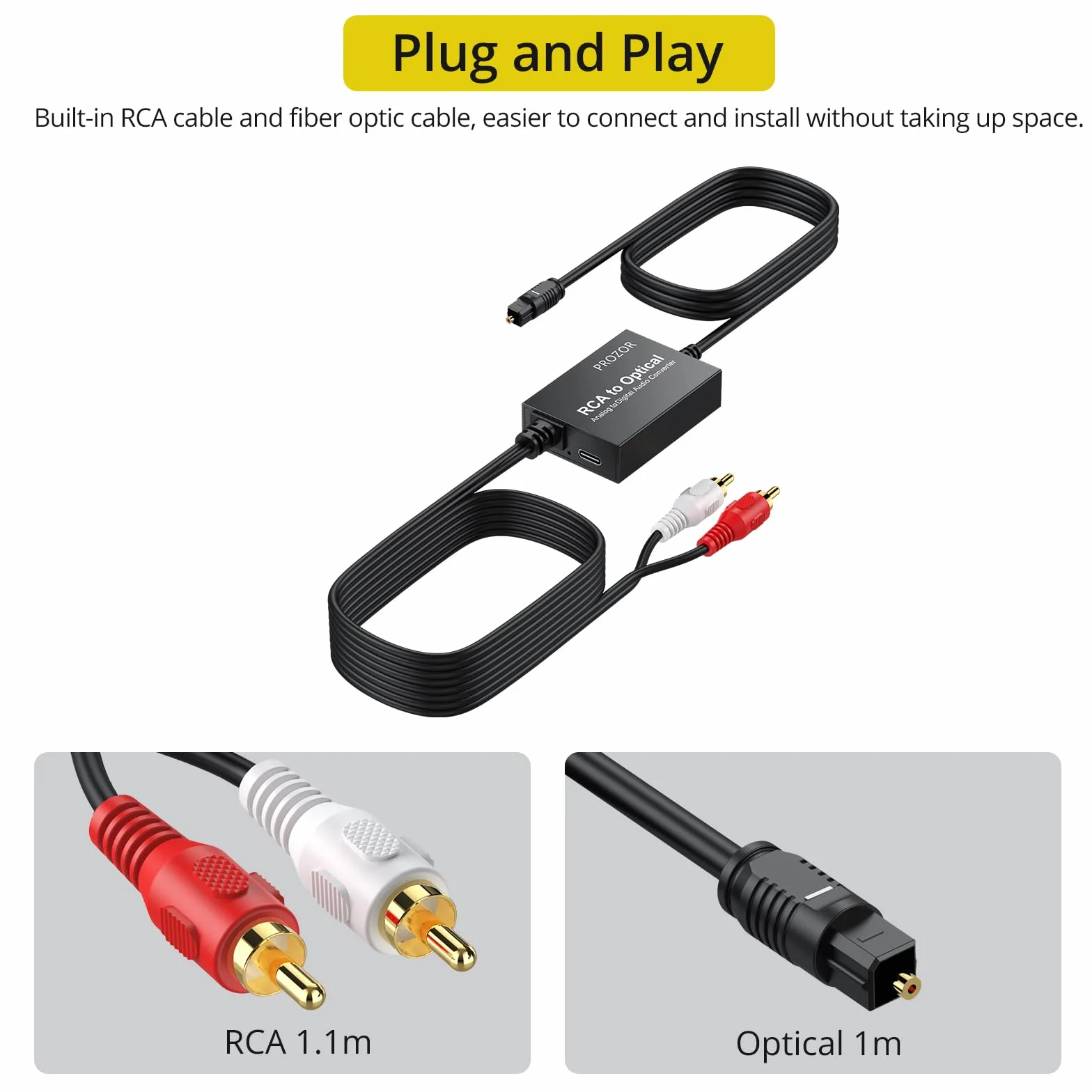PROZOR Konwerter RCA na SPDIF 2,1 m kabel do optycznego + 1 m kabel RCA Adapter audio do Toslink cyfrowy SPDIF do HDTV gramofonów CD DVD do Soundbara