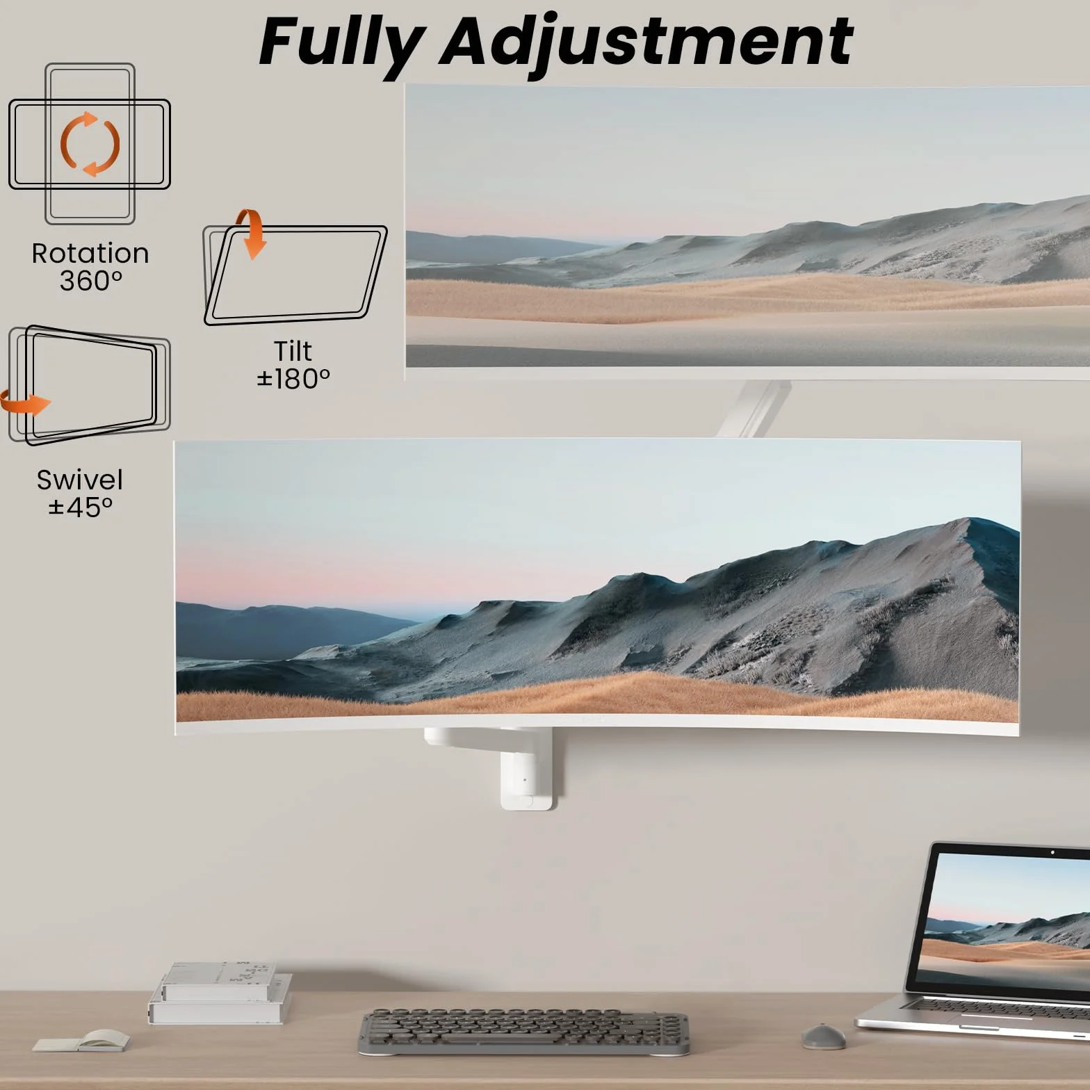 PUTORSEN 43.2-124.5 cm Premium Ultrawide Monitor ścienny do montażu na ścianie, wytrzymałe ramię monitora do 20 kg, pełna regulacja, VESA 75/100/200, biały