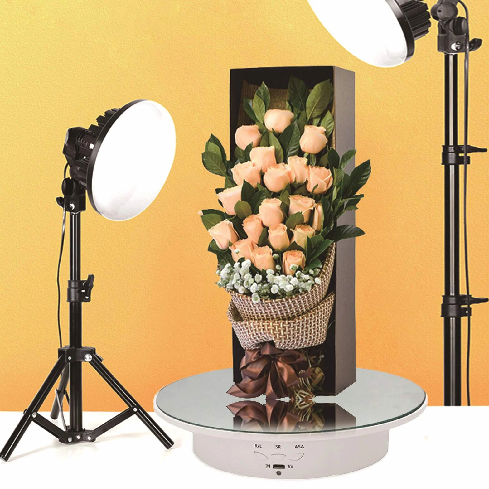 Elektryczna obrotowa patera do fotografii, 90° 180° z silnikiem, obrotowy stojak wystawowy do nagrywania wideo na żywo z 5 tłami do prezentacji biżuterii, zegarka (biały)