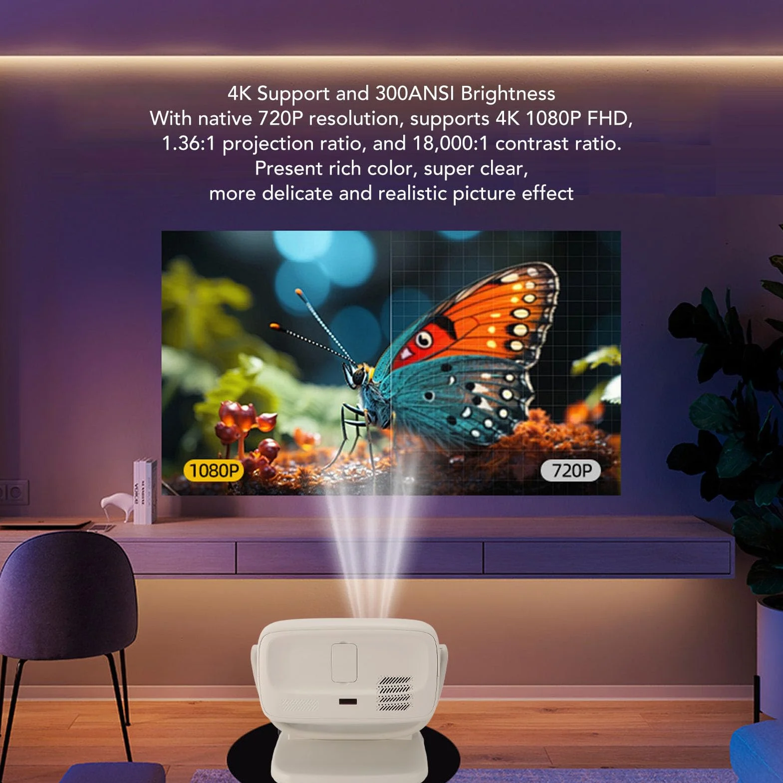 Projektor z Wi Fi 6 Bluetooth 5.3, Przenośne Projektory 4K Obsługujące 4K 1080P FHD, Zewnętrzny Projektor Filmowy do Kina Domowego, Kompatybilny z Telefonem, TV Stick, Laptopem