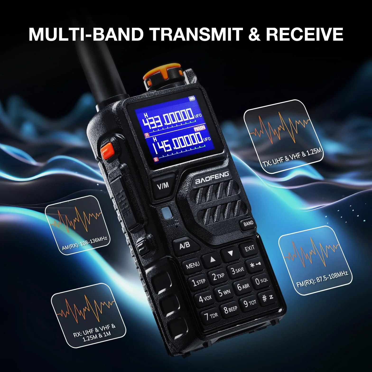 BAOFENG K5PLUS Krótkofalówka Krótkofalówki Radiostacja 10W, VHF/UHF | Dwupasmowe Radio, 10W/7W/4W Regulacja Mocy, Kopiowanie Kodów, Programowanie Chirp, 999 kanałów, Bateria 2500 mAh, port Type-C
