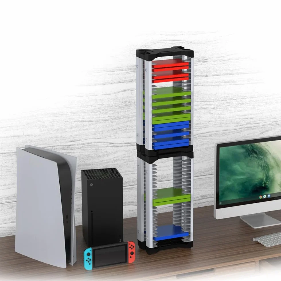 Gry Storage Tower na PS5, regał na płyty do gier wideo na PS4, Xbox Series X, Switch Games i Blu-Ray, pomieści 46 sztuk płyt do gier, łącznie z 2 uchwytami na słuchawki