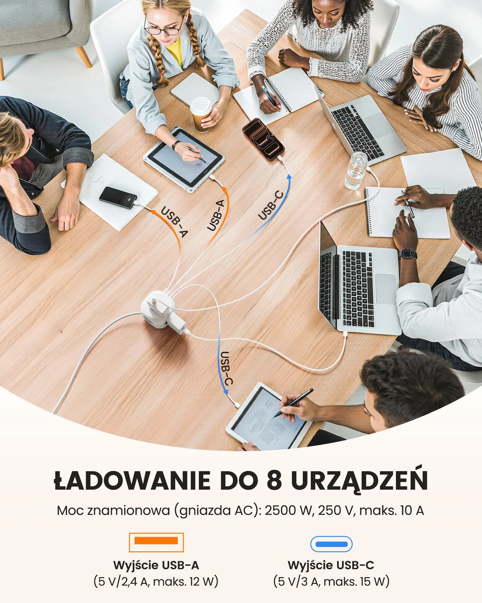 LENCENT 10 Metry Listwa Zasilająca z Płaską Wtyczką, 4 Przegrody 8 w 1 | Listwa Zasilająca z 3 Gniazdami USB A + 1 Gniazdkiem Typu C, Adapter z Przełącznikiem 10 M Kable, Wtyczka Domowa, Typu C/E/F